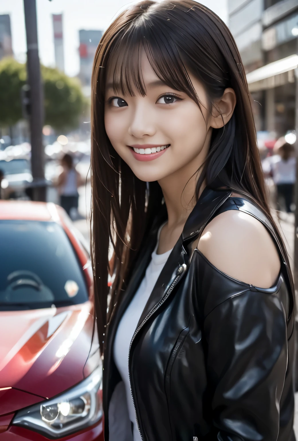 (((car race:1.3, outdoor,Photographed from the front))), ((long hair:1.3,leather,japanese woman,Smile,cute)), (clean, natural makeup), (highest quality, masterpiece:1.3, 超High resolution), (Super detailed, caustics), (realistic:1.4, RAW shooting), very detailed, High resolution, 16K resolution