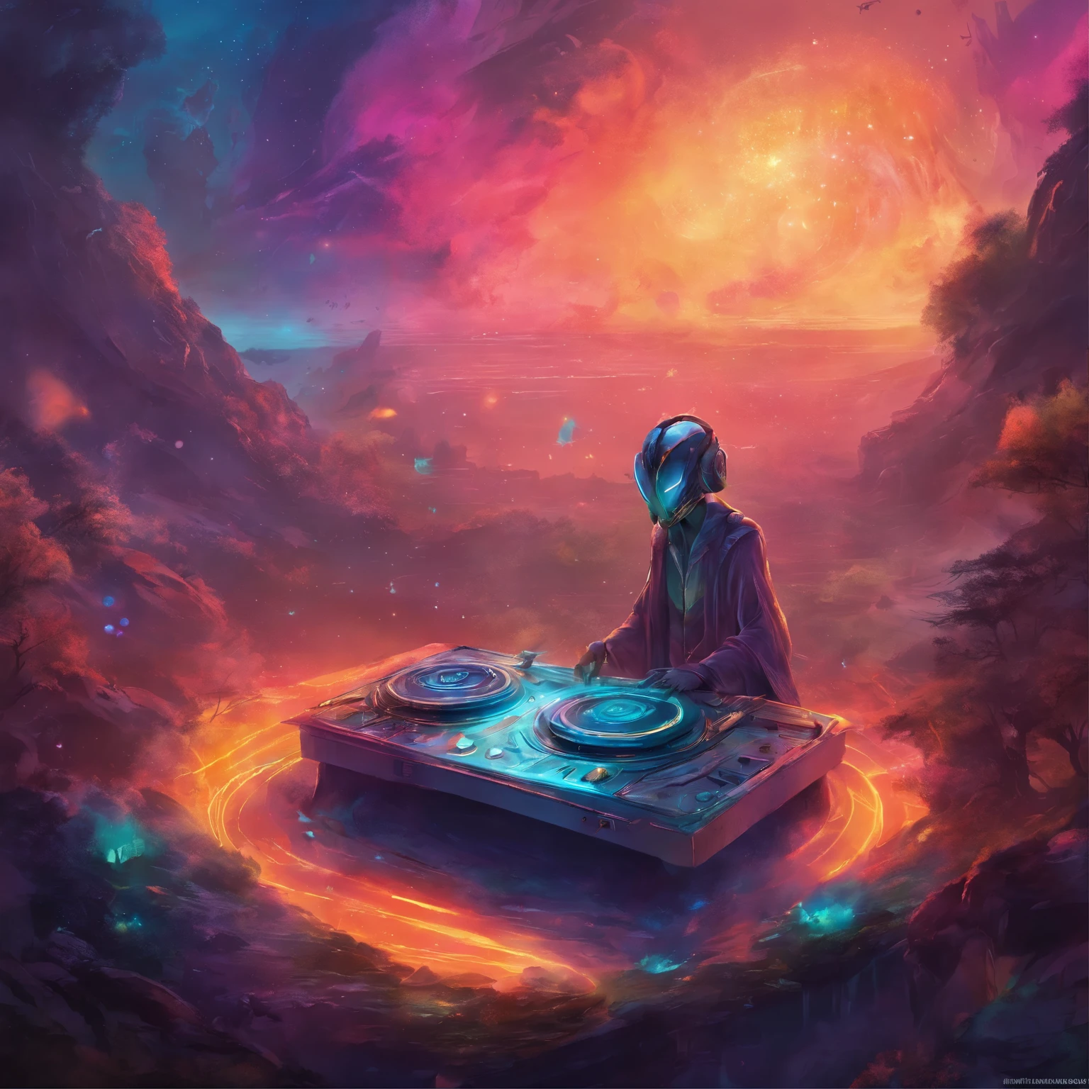 (best quality,highres,masterpiece:1.2),alien DJ playing turntables,grunge elements,raw textures,distressed textures,ink splatters,moody palette,vibrant neon colors,Studio Ghibli style