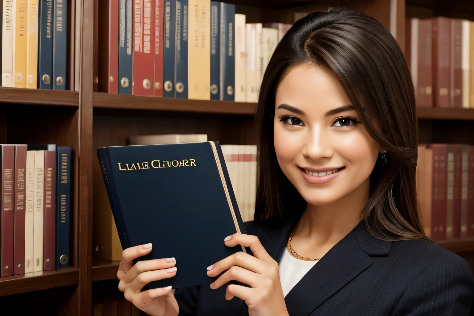 smiling woman holding a book in a library with bookshelves, female lawyer, holding a book, portrait shot, librarian, reading in library, book portrait, professional image, in a library, book library studying, mid shot portrait, holding books, library background, closeup portrait shot, professional closeup photo, professional portrait, close up portrait shot, professional picture, lawyerm correct cute hands correct fingers