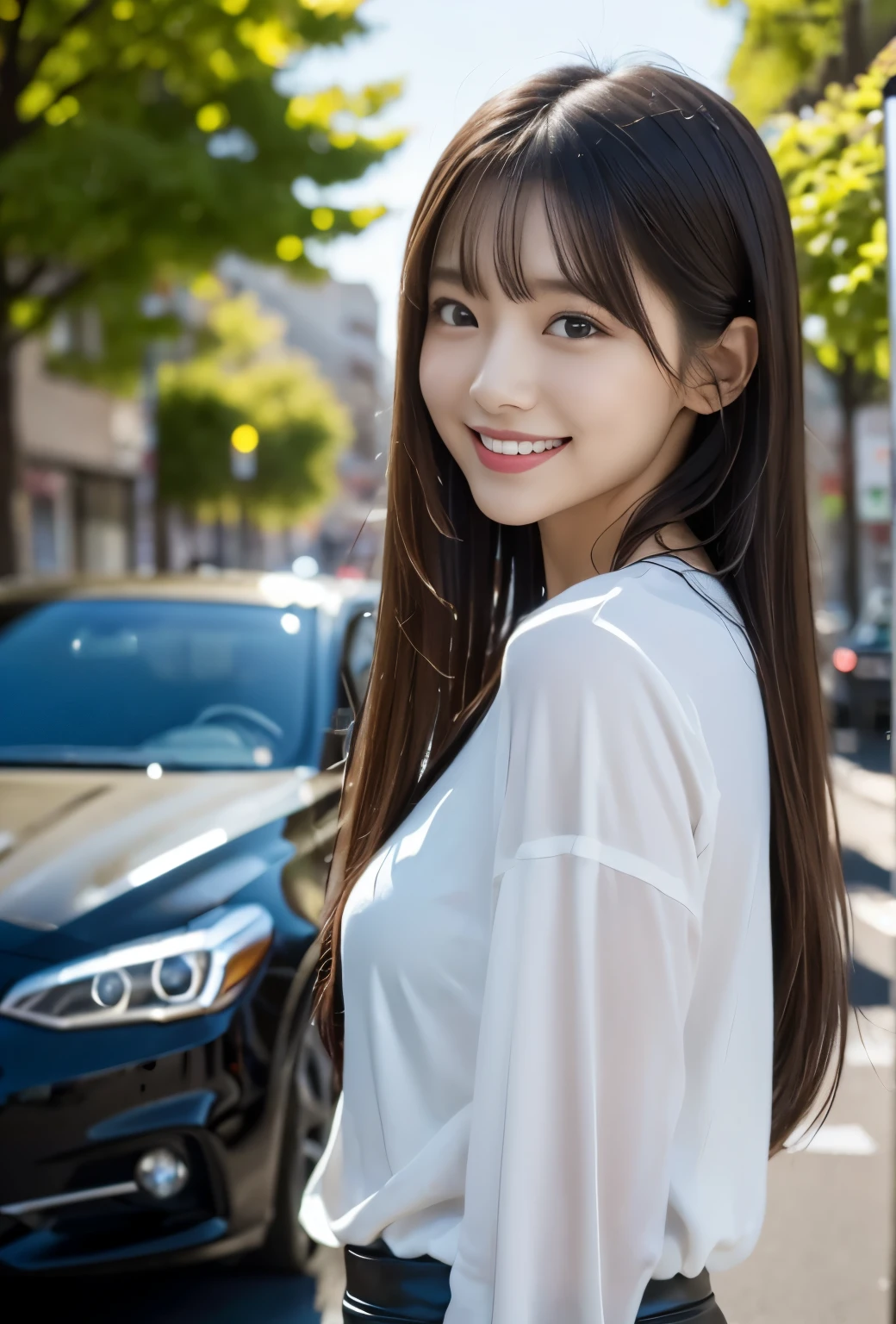 (((car race:1.3, outdoor,Photographed from the front))), ((long hair:1.3,leather,japanese woman,Smile,cute)), (clean, natural makeup), (highest quality, masterpiece:1.3, 超High resolution), (Super detailed, caustics), (realistic:1.4, RAW shooting), very detailed, High resolution, 16K resolution