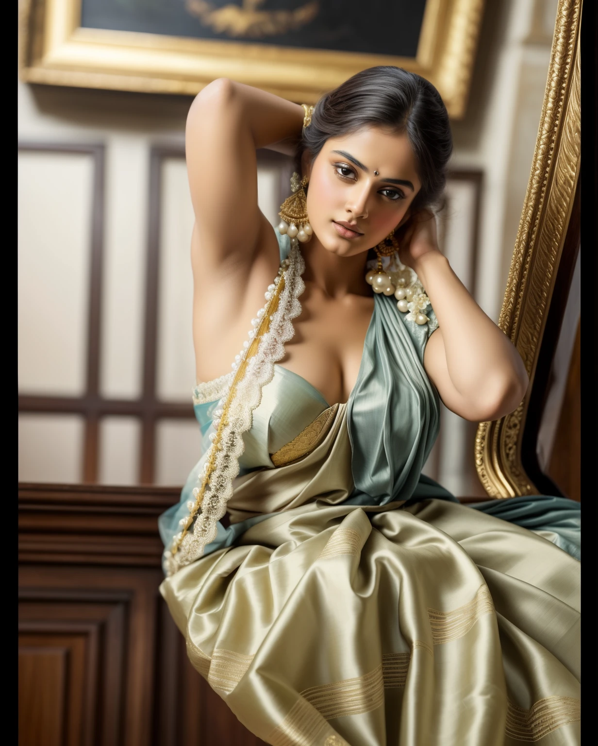 Beautiful, gorgeous, matchless beauty, wearing saree, sari, Highly detailed, Oil Painting by Peter Paul Rubens inspired by Raja Ravi Varma, Matchless beauty, captivating, gorgeous, heavenly beauty, celestial beauty, Jolyne as "The Butterfly" by Peter Paul Rubens, 13, realistic, hyper realistic, micro details, incredible artwork, insane details, ultra High resolution, 8k, 32k, acrylic on canvas, intricate, flawless, detailed, detailed face, detailed eyes, masterpiece, by Peter Paul Rubens, by Caravaggio, by William Adolphe bouguereau, perfect face, perfect body, beautiful art, realism, baroque, renaissance Art, highly textured, beautiful and High clarity eyes, uhd, best quality,