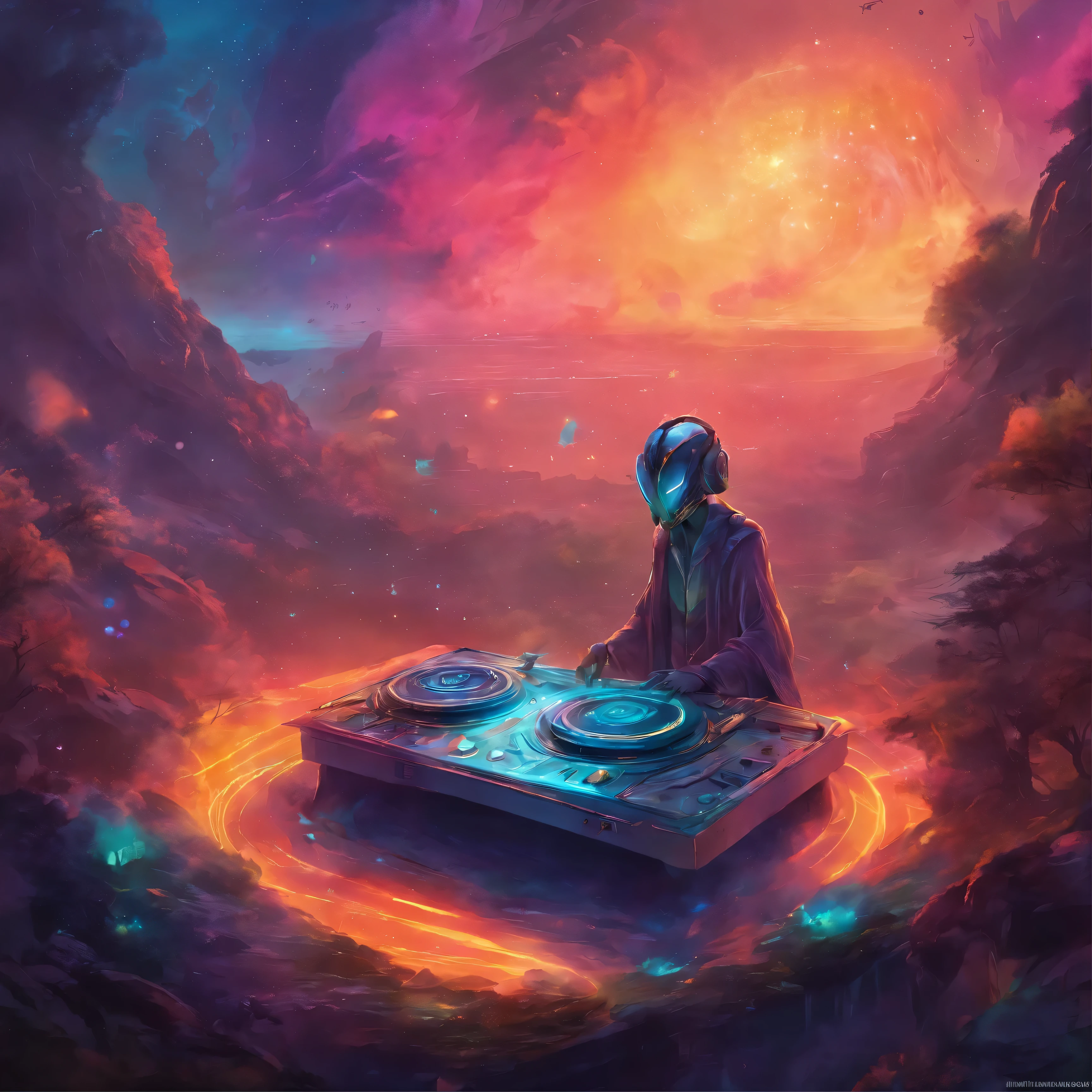 (best quality,highres,masterpiece:1.2),alien DJ playing turntables,grunge elements,raw textures,distressed textures,ink splatters,moody palette,vibrant neon colors,Studio Ghibli style