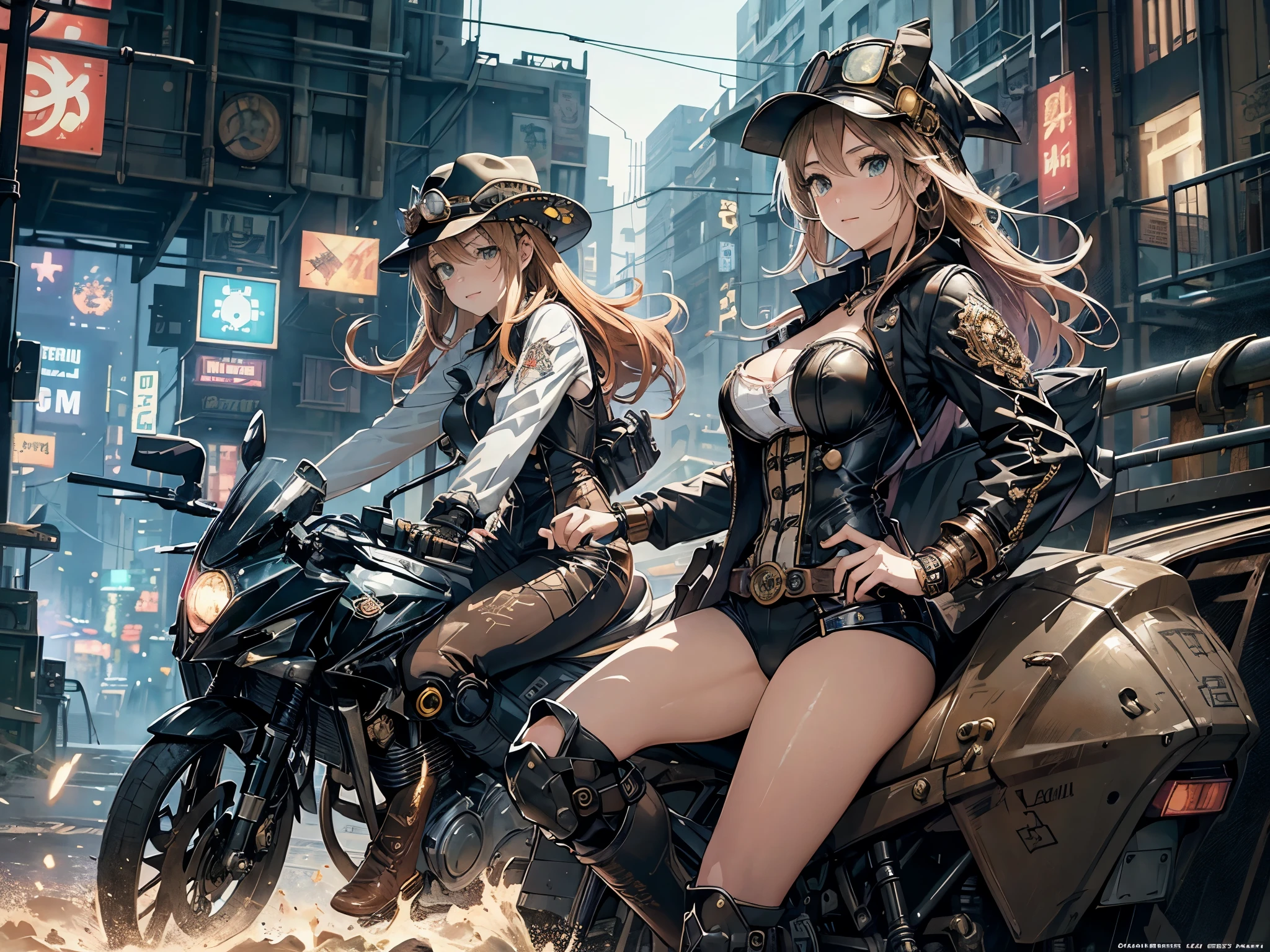 (comic book style),(line drawing_anime),(cowboy shot, highest quality, ),(Laura Budd Photos:1.2),(Laura Add Details:1.0),8K, flat color:0.8,1 girl,smile、(Steampunk bike ride 1.5)、Exquisitely decorated motorcycle、(Highly decorative and complex mechanical steampunk fashion, lace flare dolphin hat、goggles 1.5、machinery background、Gear background、Intricately mechanized steampunk cityscape 1.5),