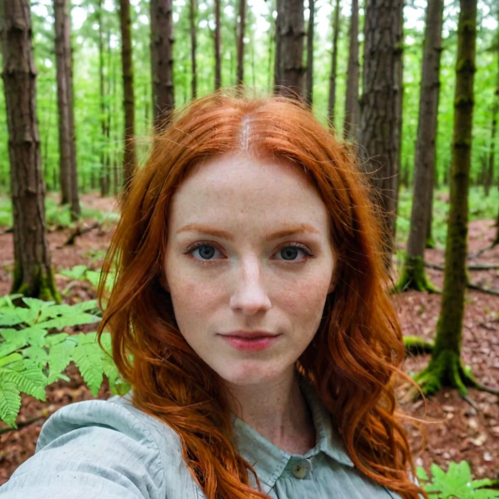 A redhead woman in a dressed selfie dans une forêt, par mauvais temps  forêt de peupliers 