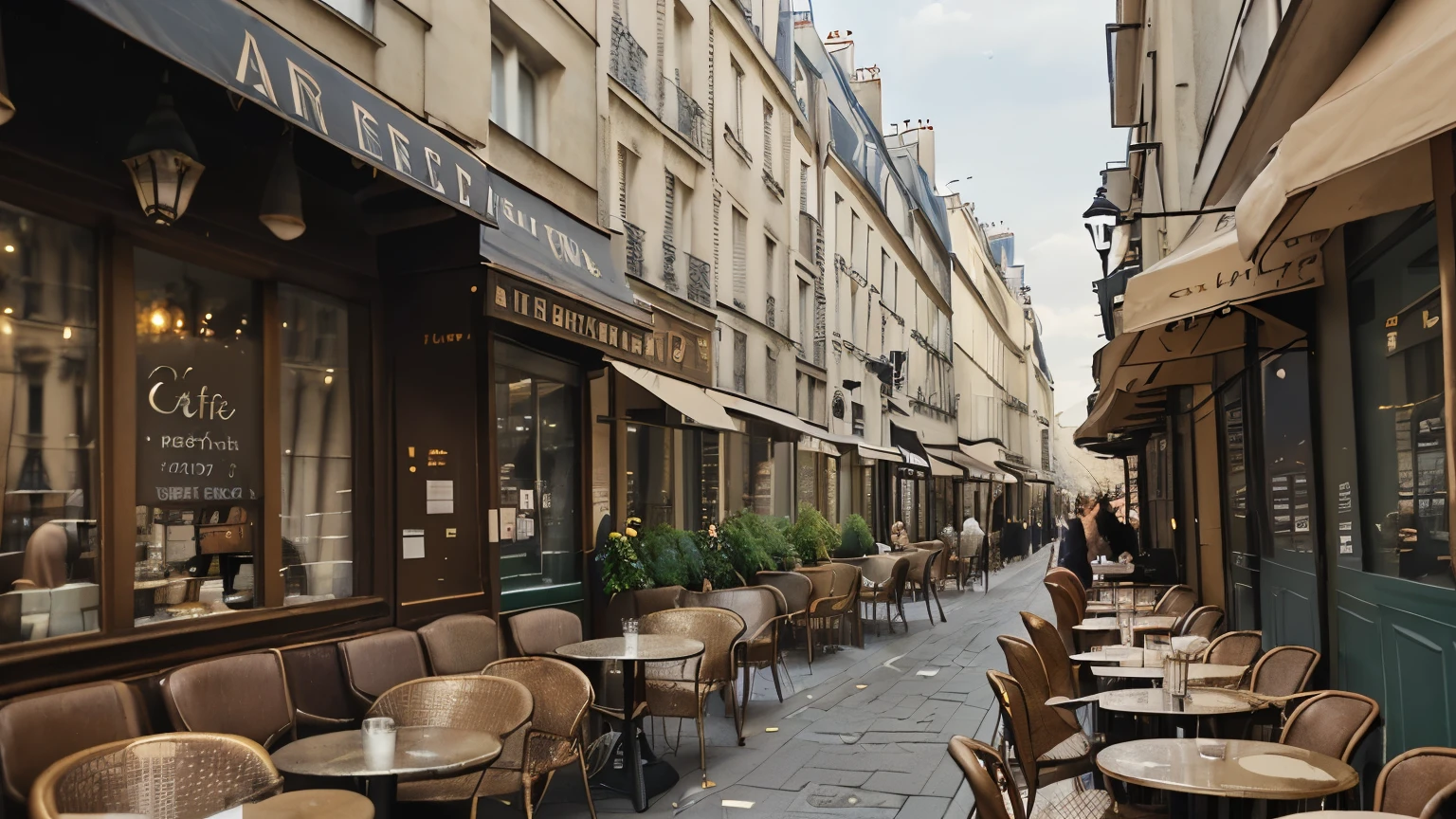 there is a street with tables and chairs on it and a cat sitting on the sidewalk, street of paris photography, pleasant cozy atmosphere, cozy cafe background, in a sidewalk cafe, inside a french cafe, beautiful place, in paris, paris city, coffee shop, cafe, by Bernard D’Andrea, outdoors european cityscape, cinematic paris, radiant morning light, beautiful ambiance