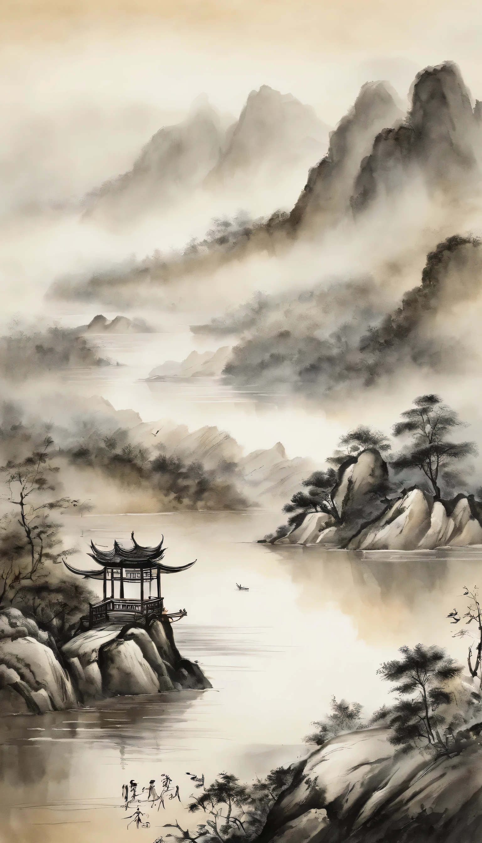 Chinese landscape painting,ink and watercolor painting,water ink,ink,stains,See away,Ultra-wide viewing angle,meticulous,Light boat in the distance,See away,meticulous,stains,Low saturation,low contrast,The light ship that crossed Ten Thousand Mountains is beautifully drawn.,A detailed,acurate,The master's work,tmasterpiece