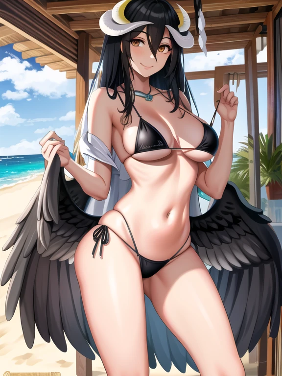 parte maestra, Mejor calidad, alto, al1, cuernos de demonio, estudiantes de la grieta, escote, hombros descubiertos, Jeweler's, , Micro bikini blanco,pegar, , alas bajas, correa del muslo, tiro de vaquero, interior, smile, fondo de playa