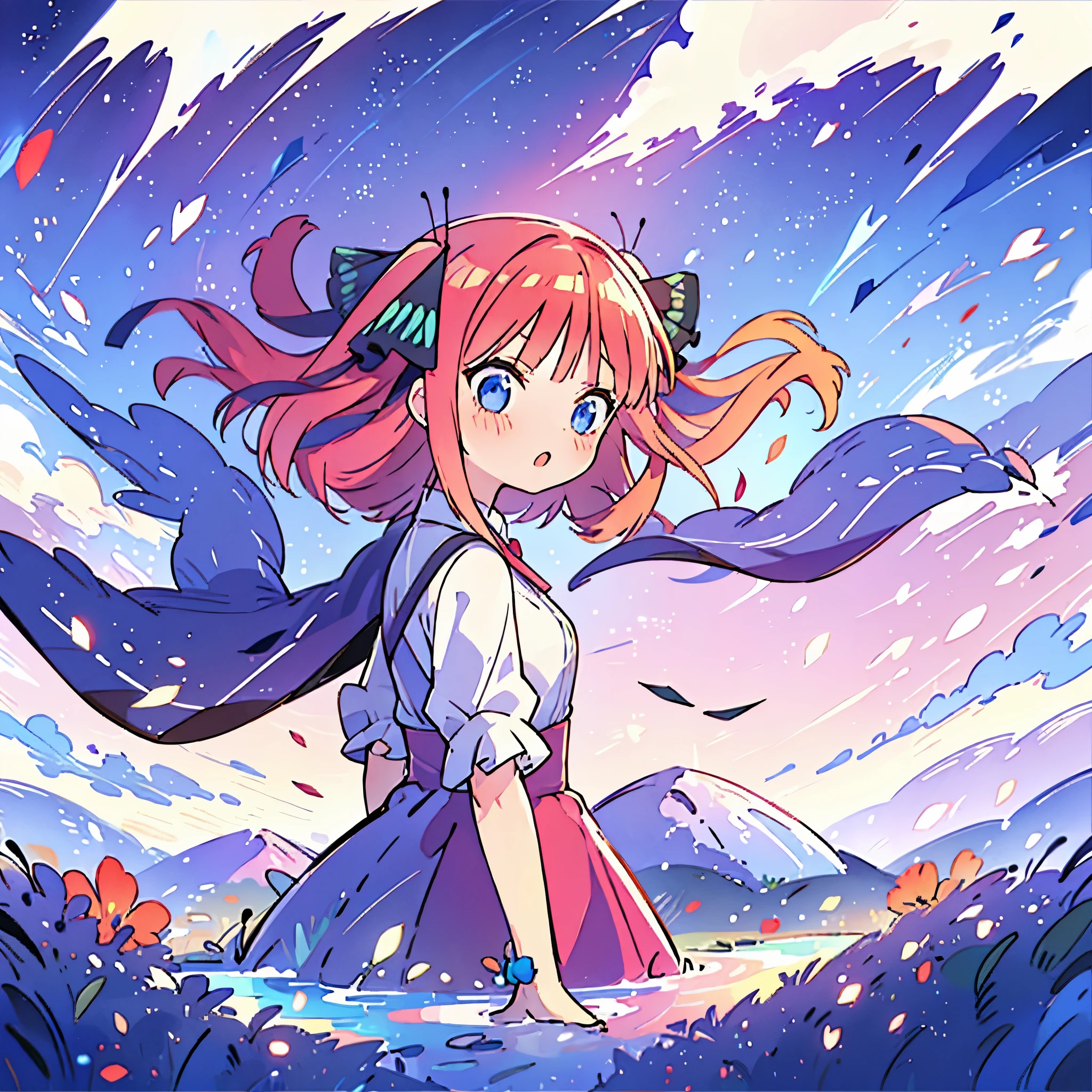 beautiful girl, gradient blue pink and purple ballgown, flowing pink red hair, otherworldly purples blues and greens landscape background, watercolor illustration, disney art style, glowing aura around her, flowing glowing hair, glowing flowing hair, fantasia otherworldly landscape, beautiful, masterpiece, best quality, nino nakano, hair ribbons, long pink silky hair, blue eyes, 4k, masterpiece, perfect quality, dynamic pose, perfect anatomy