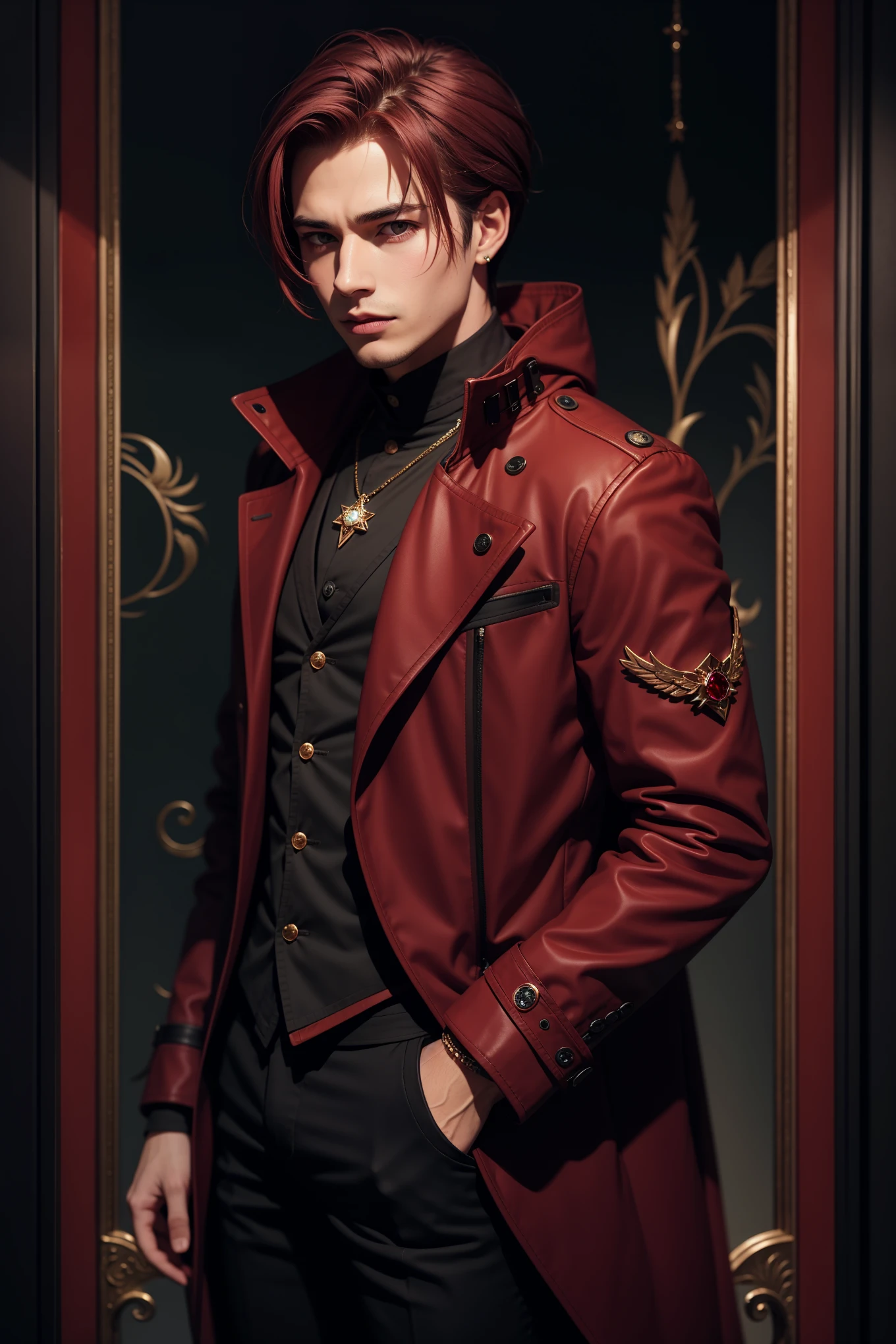 Male wizard 35 years old, dark red hair,short hair, dark red and black coat,red diamond bracelet,black pants,red diamond ring,Background fantasy