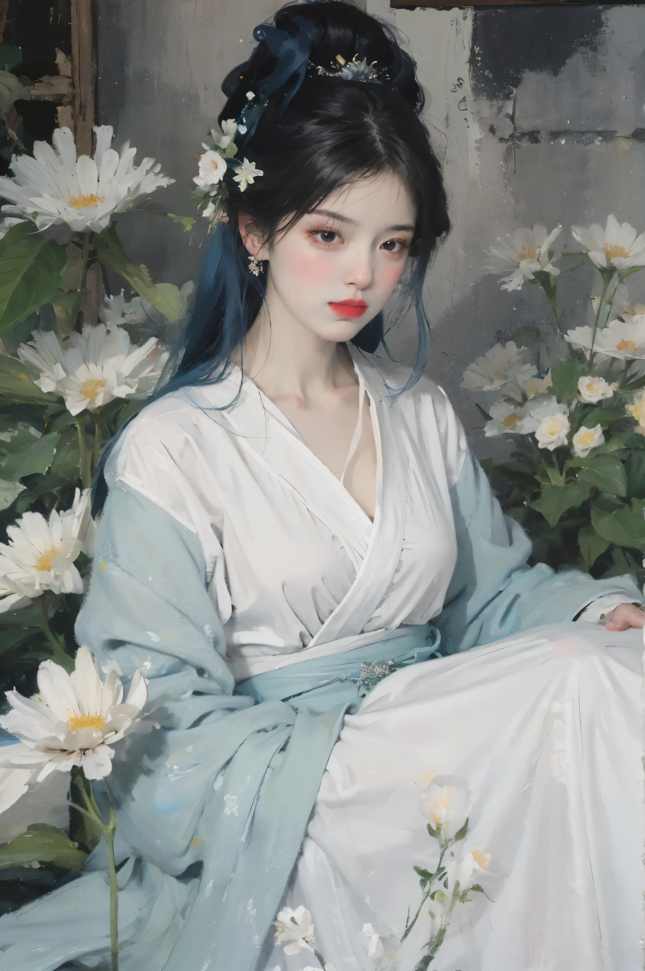 (painting:1.5),
\\
Original God Impact Yura,a blue haired one、Woman with white flowers in her hair lying in a field of white flowers, (Amy Sole:0.248), (Stanley Liu:0.106), (a detailed painting:0.353), (gothic art:0.106)