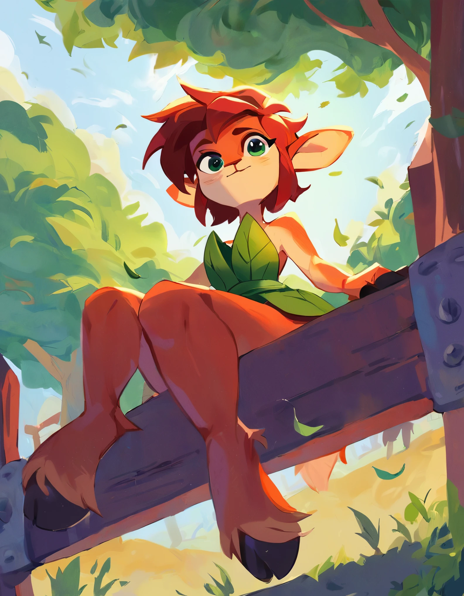 score_9, score_8_up, score_7_up, score_6_up, from below, farm, barn, outdoors, wheat field, sitting on a fence BREAK solo, 1girl, elora, faun \(spyro\), red hair, mammal, anthro, deer, green eyes, leaf dress, hooves
