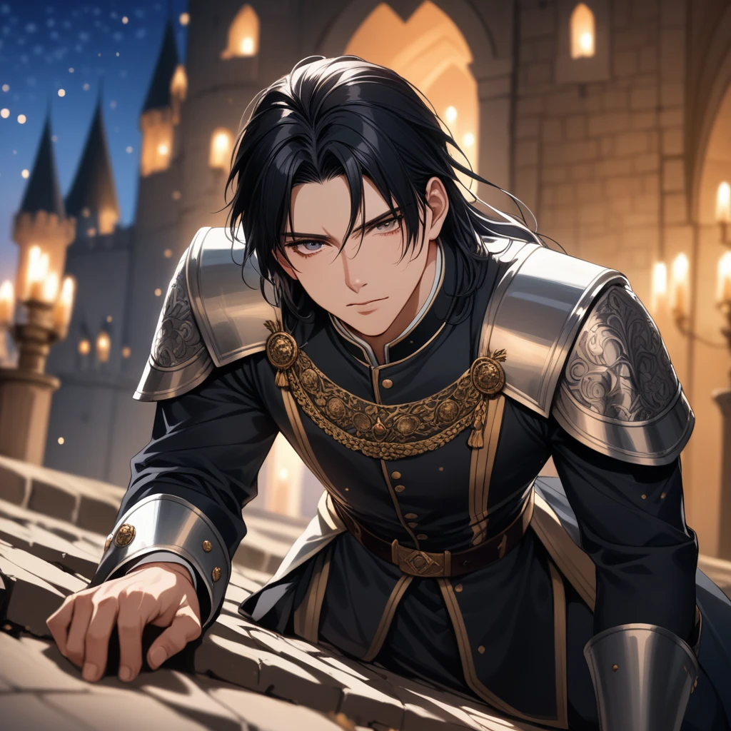 ((1man)), a handsome man in a castle, handsome face, body is broken with scars, kneeling on the ground, 8K, (dynamic perspective), sharp focus, (depth of field, bokeh:1.3), extremely detailed eyes and face, beautiful detailed eyes, cinematic lighting, idescent opaque eyes, fantasy military uniform, long hair, black hair, ((masterpiece, best quality)), from above, muscular