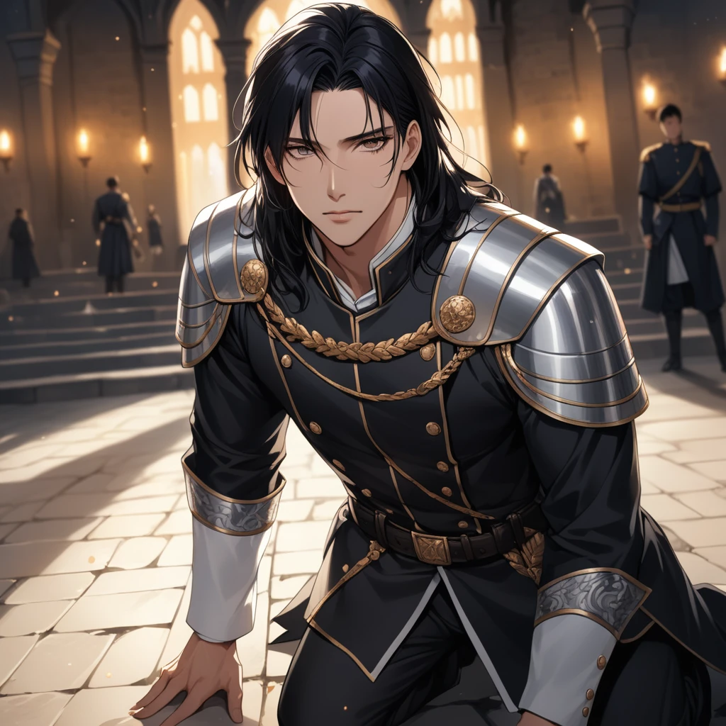 ((1man)), a handsome man in a castle, handsome face, body is broken with scars, kneeling on the ground, 8K, (dynamic perspective), sharp focus, (depth of field, bokeh:1.3), extremely detailed eyes and face, beautiful detailed eyes, cinematic lighting, idescent opaque eyes, fantasy military uniform, long hair, black hair, ((masterpiece, best quality)), from above, muscular