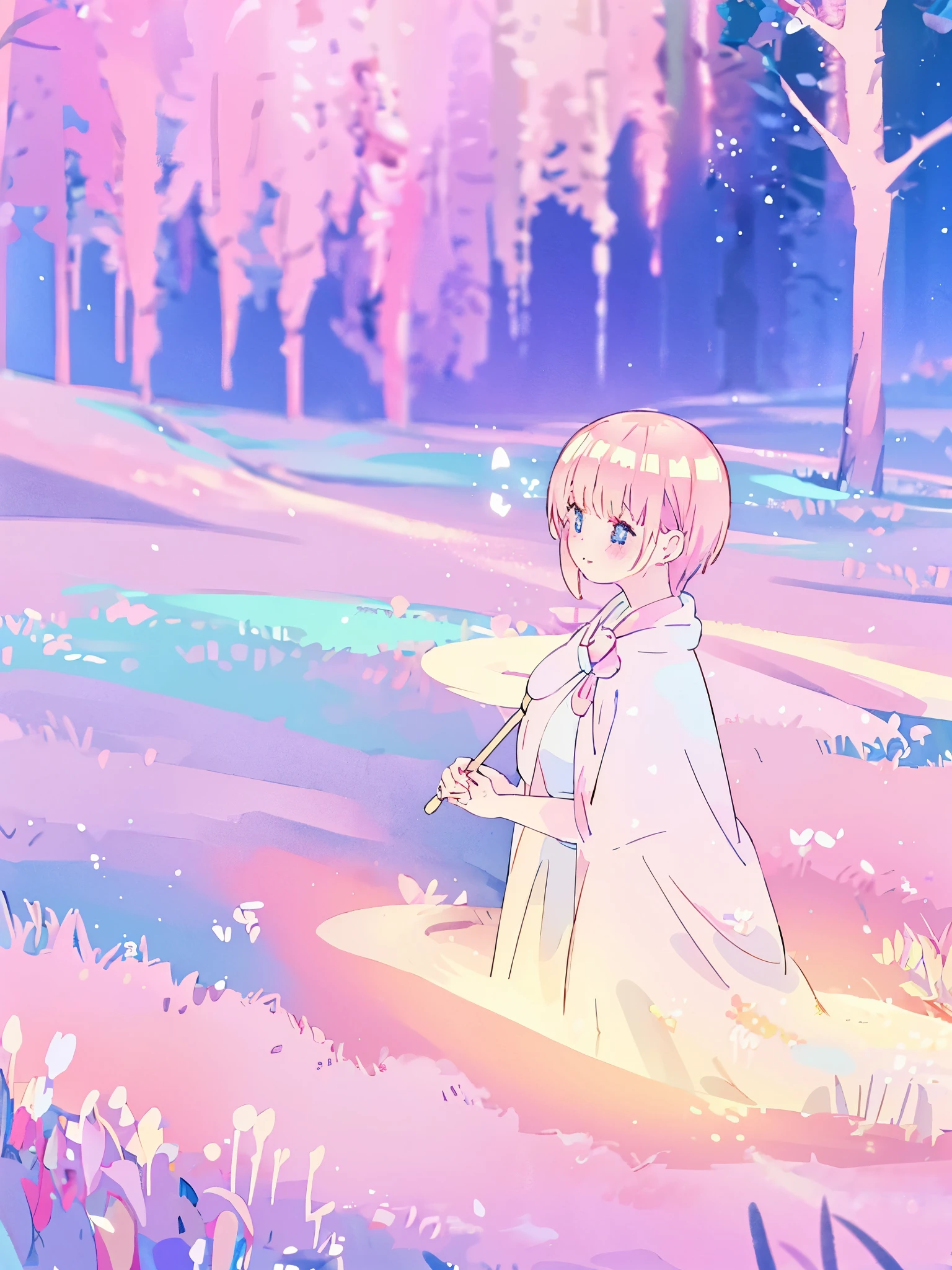 beautiful girl, gradient yellow pink and cream ballgown, short silky pink hair, otherworldly purples yellows and pink pastel cream landscape background, watercolor illustration, disney art style, glowing aura around her, flowing glowing hair, glowing flowing hair, fantasia otherworldly landscape, beautiful, masterpiece, best quality, ichika nakano, short pink hair, blue eyes