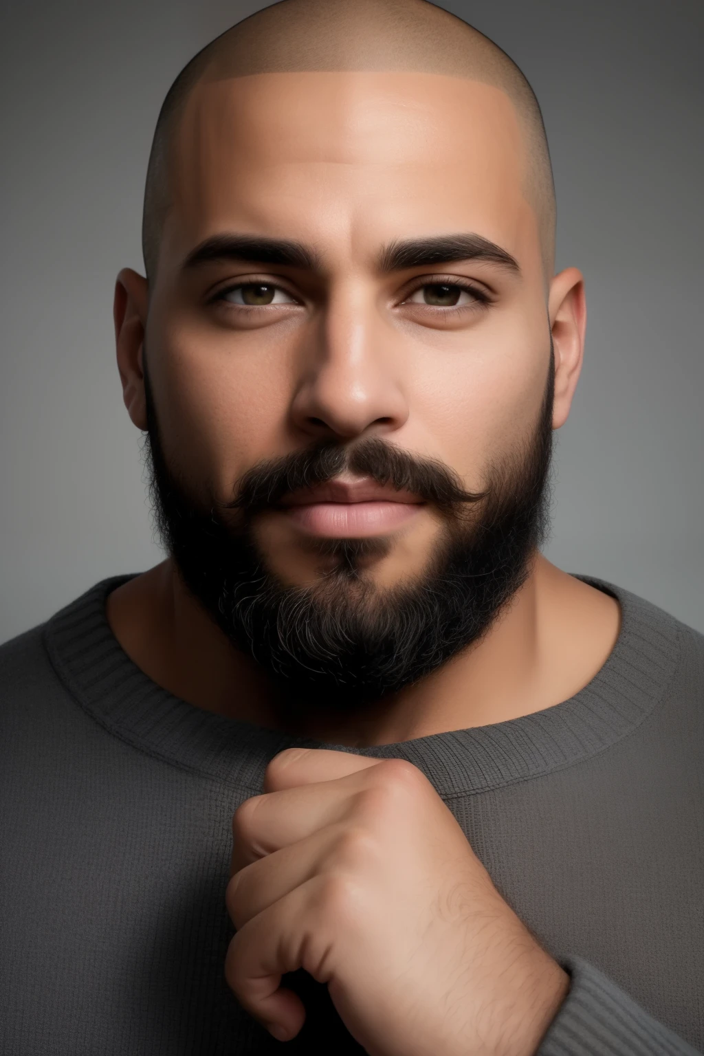 A captivating portrait of a chico de color with Dominican ancestry, sporting a beard resembling a padlock, shaven head, touching his chin in a thoughtful manner, maintaining a mild smile, and making direct eye contact with the camera. This high-definition image exudes cinematic appeal with enhanced colors and contrast through HDR techniques. The subject wears a gray sweater, adding depth and texture to the composition. 4K resolution ensures every detail is rendered with stunning clarity. (Photorealistic: 1.4)