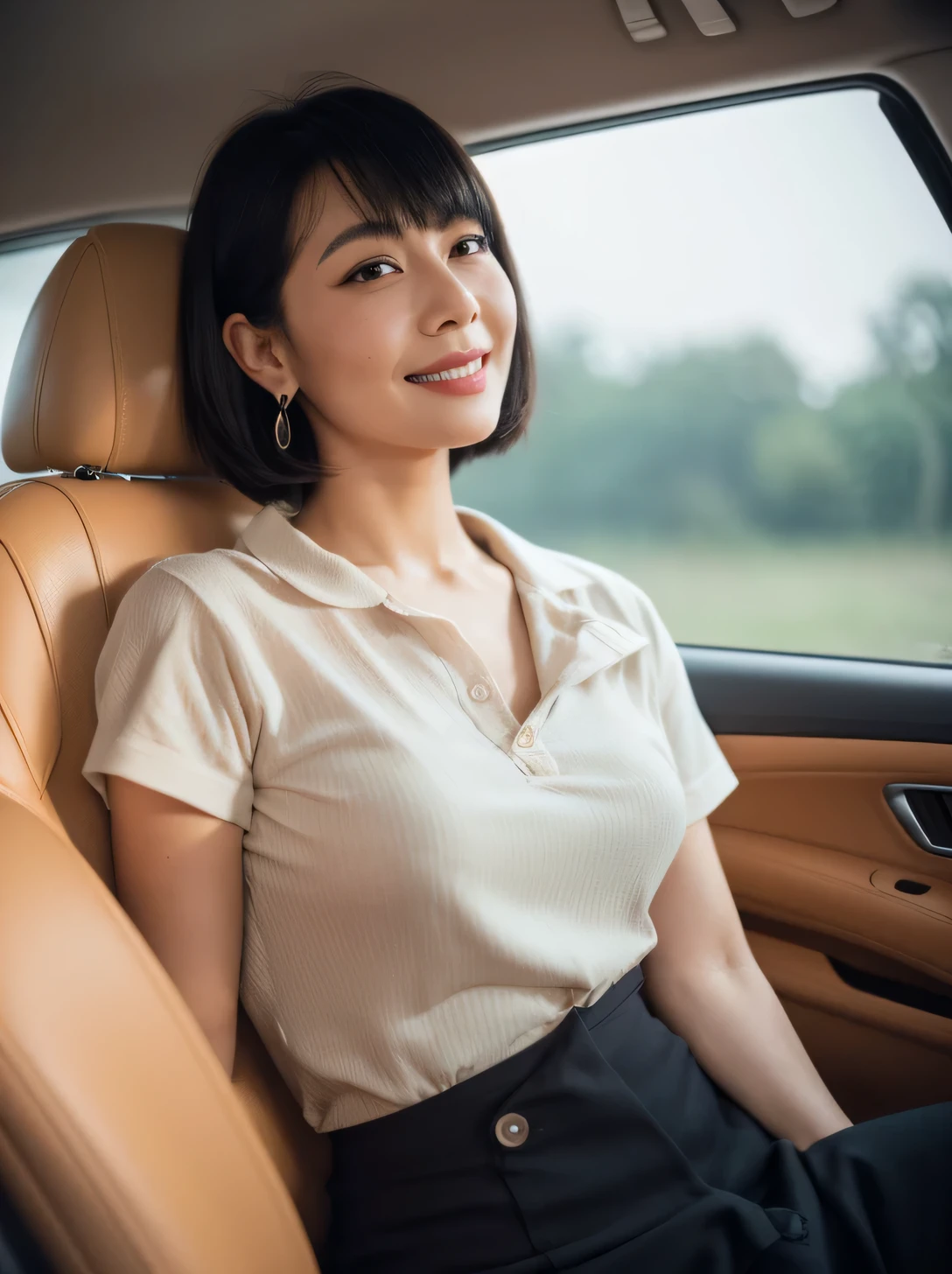 (perfect lighting, perfect perspective, 8K RAW,Kitagawa Keiko , Natural black hair,1 girl, Beautiful jaw, highly detailed, perfect breasts, realistic, 8K RAW,detailed face, black hair, looking here, coat, (stripe)  (black eye) , whole body,  Short black hairstyles) , Inside the car, midnight, sitting in the car, smile, Masterpiece – Masterpiece ○○ quality – ○○ quality Highest quality(Highest quality) ,Leica Film, Highest, women only, high quality (high quality)　etc ○○Detailed – ○○Detailed and super detailed(super fine ), Photorealistic, very detailed(very detailed) , finely(fine-grained), (highest detail skin texture peachfuzz earlobe realistic)　etc ○○ resolution – ○○ resolution ultra high resolution(High resolution) , Extremely high texture resolution(light resolution), Realistic – Realistic Photorealistic – photorealistic beautiful – beautiful 4k , 8K, artistic storefront, Close and intimate,Japanese,wearing a shirt,40 years old,big breasts,Focus on the photographer,smile,natural makeup,underwear,smile,sexy,emphasize the chest