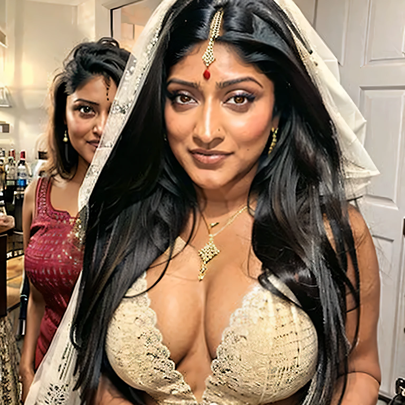 (masterpiece, best quality:1.2), sexy Indian woman, sexy eyes, large breasts, wedding bride, indian bride, wedding lingerie, close up