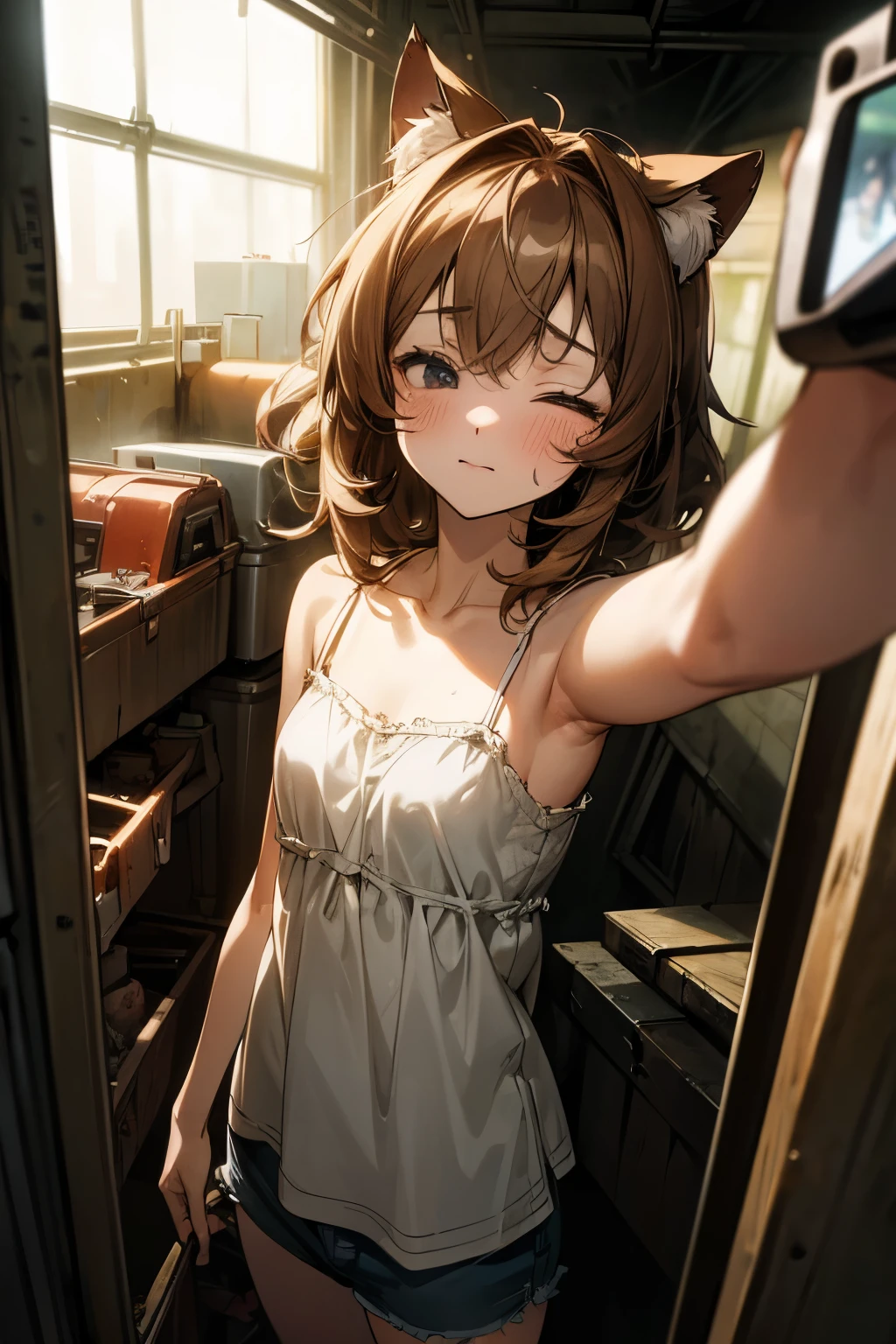 ((Masterpiece)), ((best quality)), (Anime:1.5), (RAW photo:1.2),(High Definition:1.3), (Professional Photography:1.2), (()), kid, wide sh (evening), Very messy medium hair, (slightly exposed small breast), Beautiful small breast, (Tattered camisole top), white camisole, Slender body, (Selfie), Sweaty skin, close eyes, (kissing face), Textured skin, Cat ears, Pale brown hair, Cute Beautiful Girl, BREAK, ((best quality)), rusty and dirty tunnel, ((inside the creepy tunnel)),