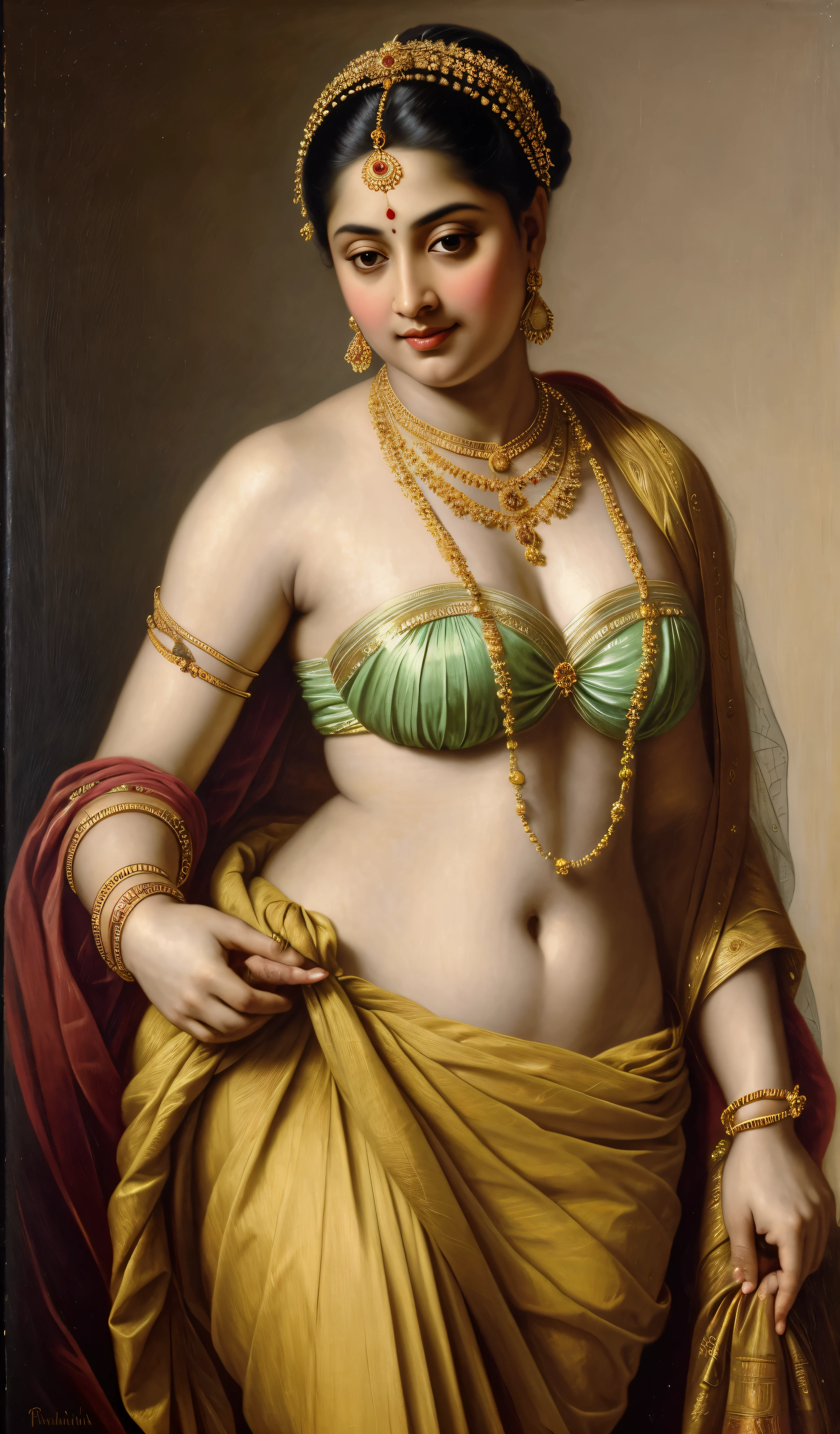 Beautiful Indian Woman, wearing saree, sari Beauty, gorgeous, Apsara, Maharani, royal queen woman, nymph from Hindu Mythology, Urvashi, matchless beauty, Highly detailed, Oil Painting by Peter Paul Rubens inspired by Raja Ravi Varma, Matchless beauty, captivating, gorgeous, heavenly beauty, celestial beauty, by Peter Paul Rubens, 1893, realistic, hyper realistic, micro details, incredible artwork, insane details, ultra High resolution, 8k, 32k, acrylic on canvas, intricate, flawless, detailed, detailed face, detailed eyes, masterpiece, by Peter Paul Rubens, by Caravaggio, by William Adolphe bouguereau, perfect face, perfect body, beautiful art, realism, baroque, renaissance Art, highly textured, beautiful and detailed eyes, uhd, best quality,
