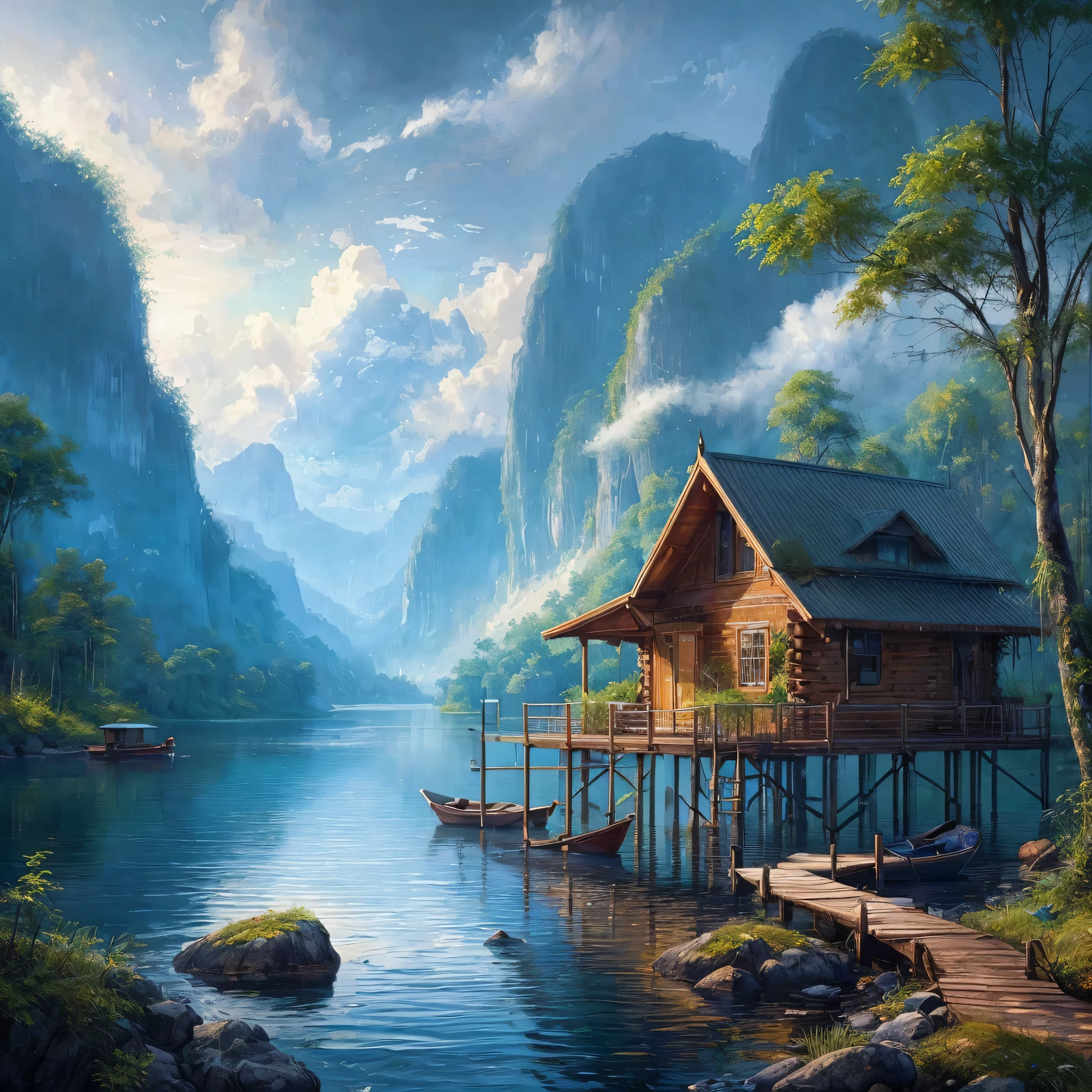 a painting of a cabin next to a body of water, a fine art painting, by Yang J, trending on cg society, 240p, amazing wallpaper, 3 d oil painting, thailand art, anime nature wallpap, oil painting without frame