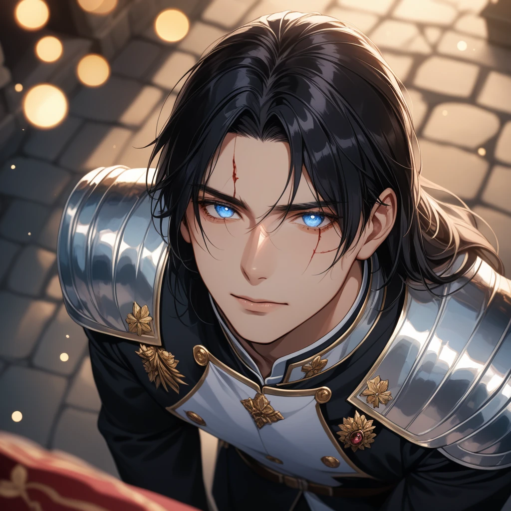 ((1man)), a handsome man in a castle, handsome face, body is broken with scars, kneeling on the ground, 8K, (dynamic perspective), sharp focus, (depth of field, bokeh:1.3), extremely detailed eyes and face, beautiful detailed eyes, cinematic lighting, transparent iridescent eyes, fantasy military uniform, long hair, black hair, ((masterpiece, best quality)), from above, muscular