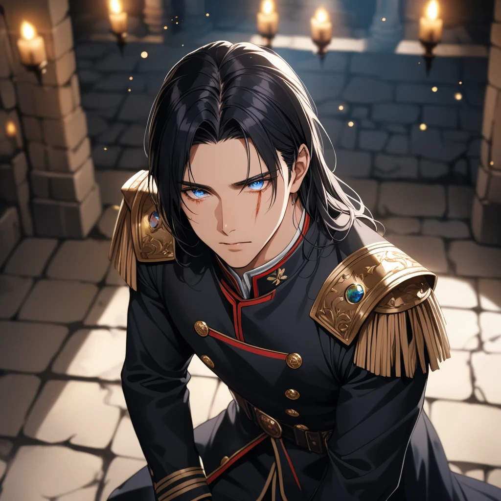 ((1man)), a handsome man in a castle, handsome face, body is broken with scars, kneeling on the ground, 8K, (dynamic perspective), sharp focus, (depth of field, bokeh:1.3), extremely detailed eyes and face, beautiful detailed eyes, cinematic lighting, transparent iridescent eyes, fantasy military uniform, long hair, black hair, ((masterpiece, best quality)), from above, muscular