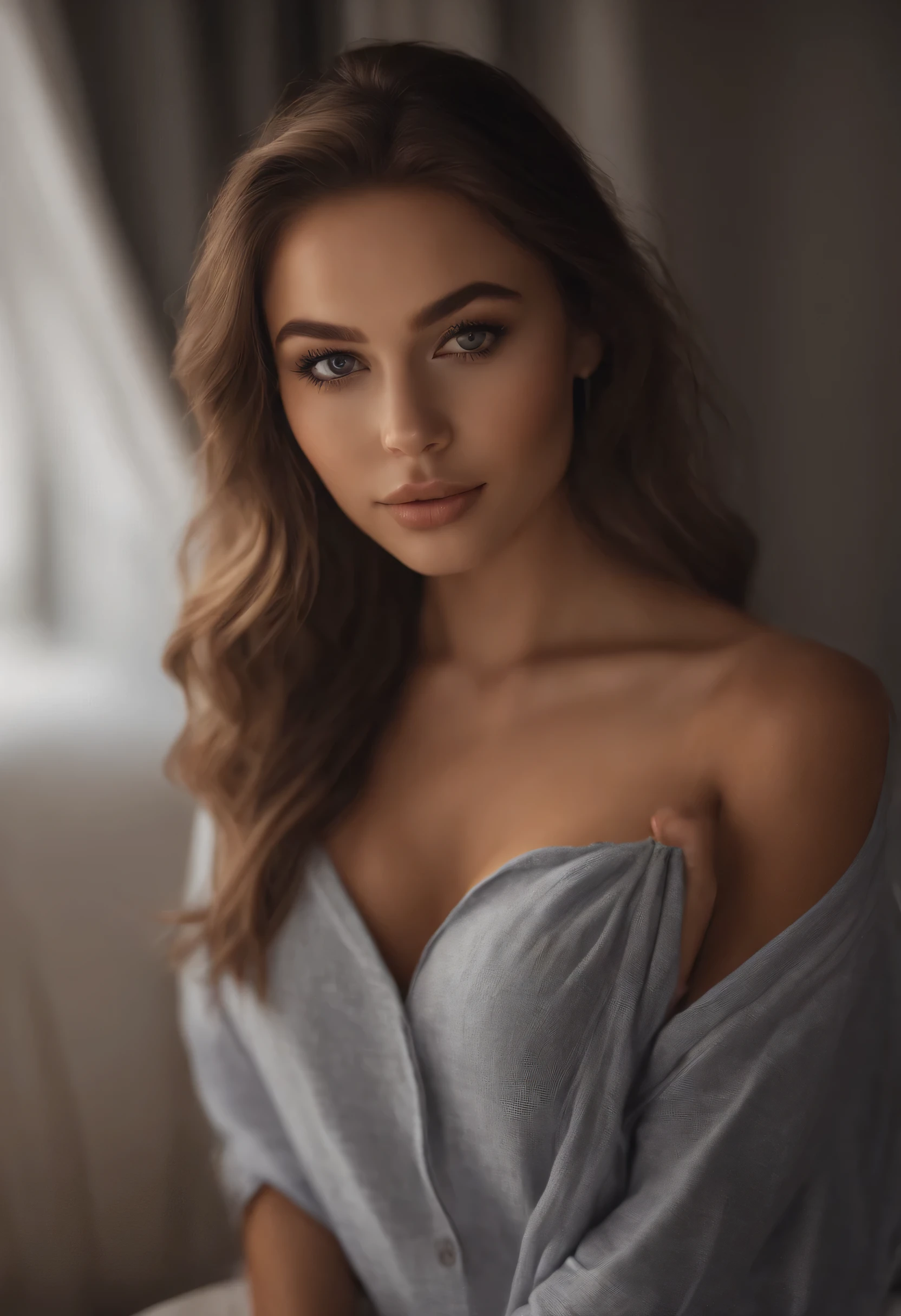 arafed woman fully , sexy girl with brown eyes, ultra realistic, meticulously detailed, portrait sophie mudd, brown hair and large eyes, selfie of a young woman, bedroom eyes, violet myers, without makeup, natural makeup, looking directly at the camera, face with artgram, subtle makeup, stunning full body shot kneeling on bed, in bedroom, medium to large size bust