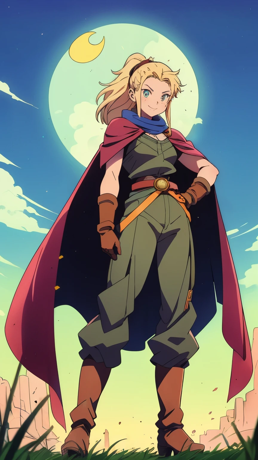 ((A girl with long indigo hair, a high ponytail, a headband adorned with crescent moon decorations, bright round eyes, a cheerful smile, a curious expression, a fantasy-style adventurer's coat with a short hem, houlder extensions forming a cape cloak, fabric gloves, a multifunctional belt, coarse cloth trousers, knee-high leather boots, a wilderness backdrop of Akira Toriyama's style)), this character embodies a finely crafted fantasy-style adventurer in anime style, exquisite and mature manga art style, high definition, best quality, highres, ultra-detailed, ultra-fine painting, extremely delicate, professional, perfect body proportions, golden ratio, anatomically correct, symmetrical face, extremely detailed eyes and face, high quality eyes, creativity, RAW photo, UHD, 32k, Natural light, cinematic lighting, masterpiece-anatomy-perfect, masterpiece:1.5