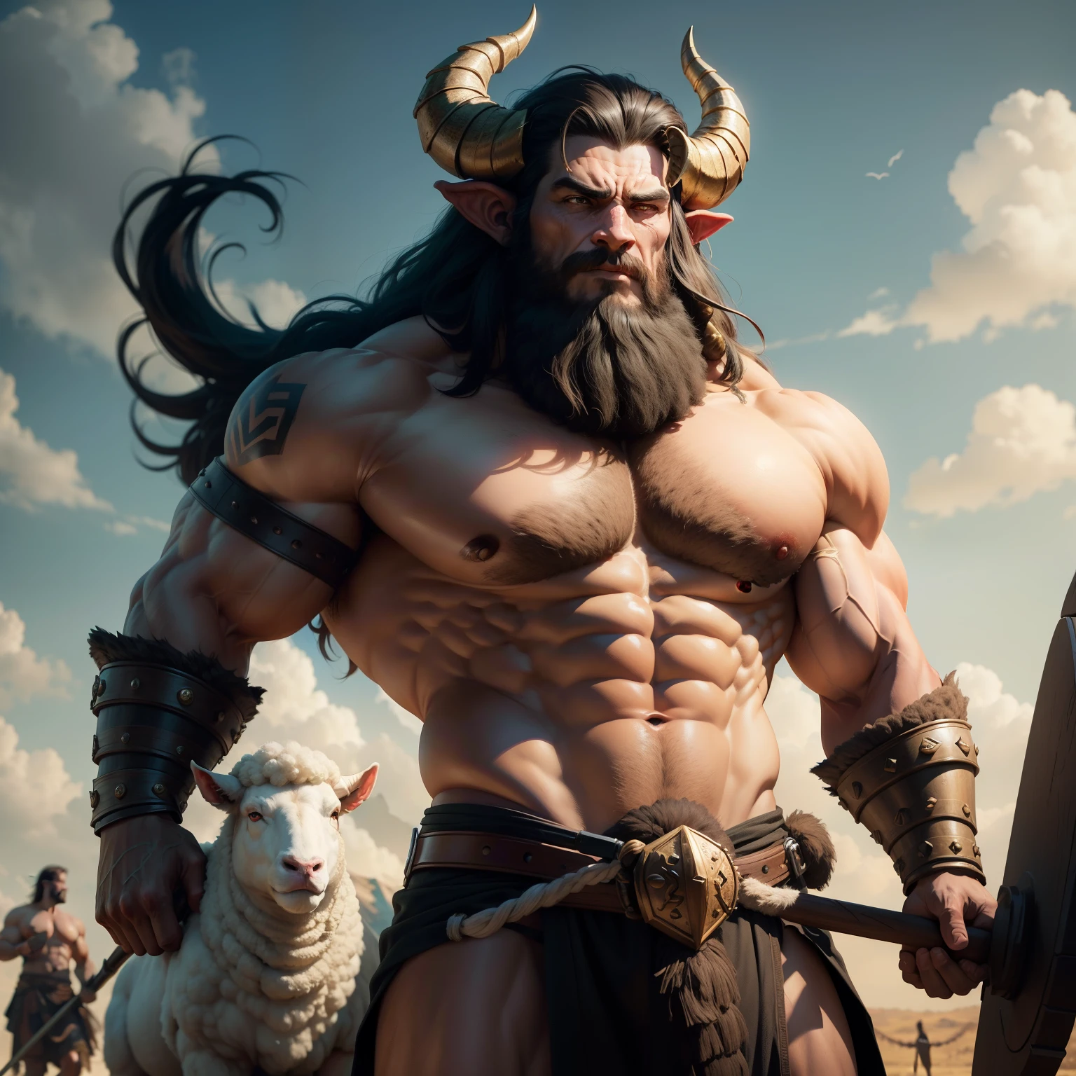 Hero with a sheep's head and a human body. big horns on the head. cane in hand, Very muscular body, brutal face, barbarian culture