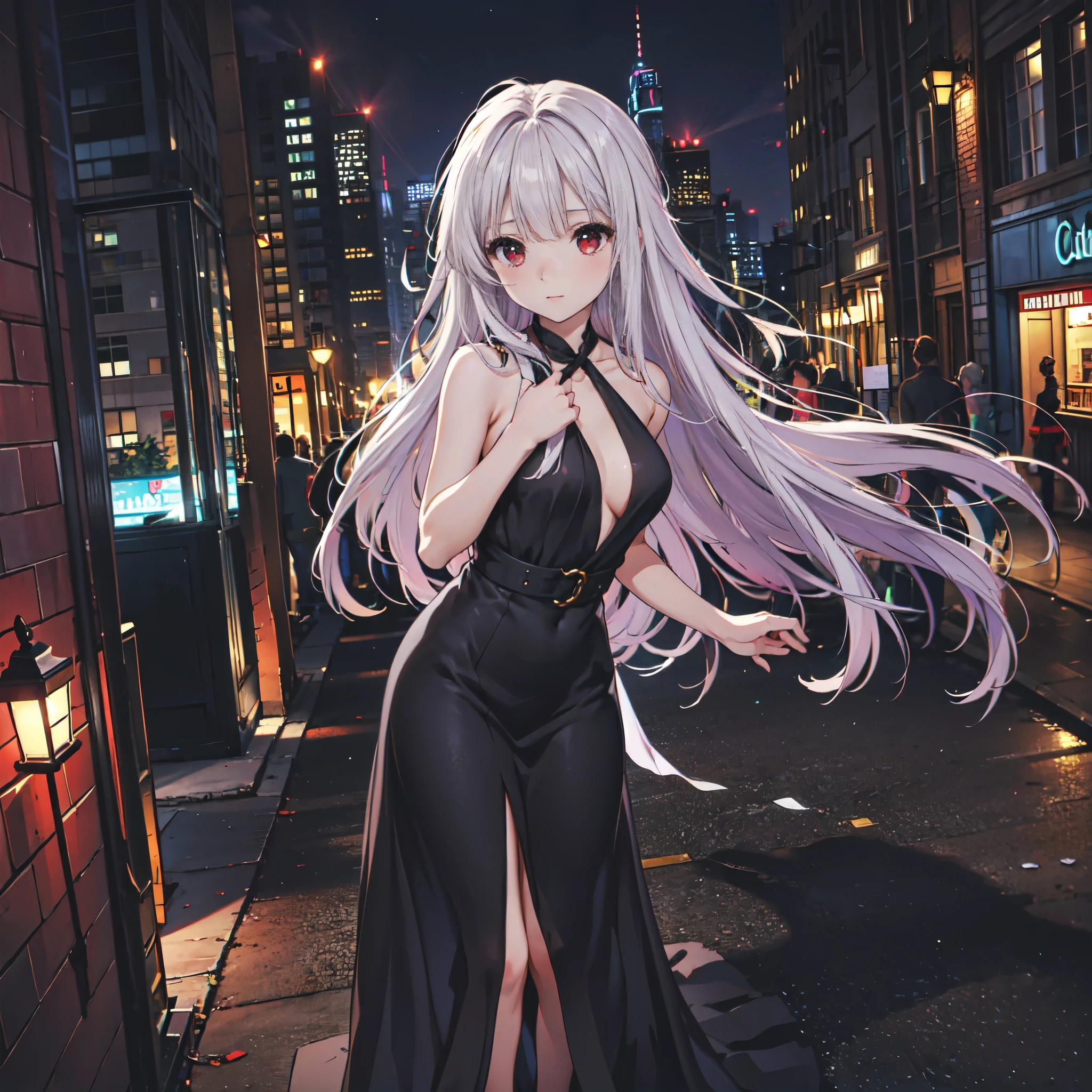 (masterpiece, best quality), 1 girl, slim body, long white hair, red eyes, wearing a black dress, standing in the city at night