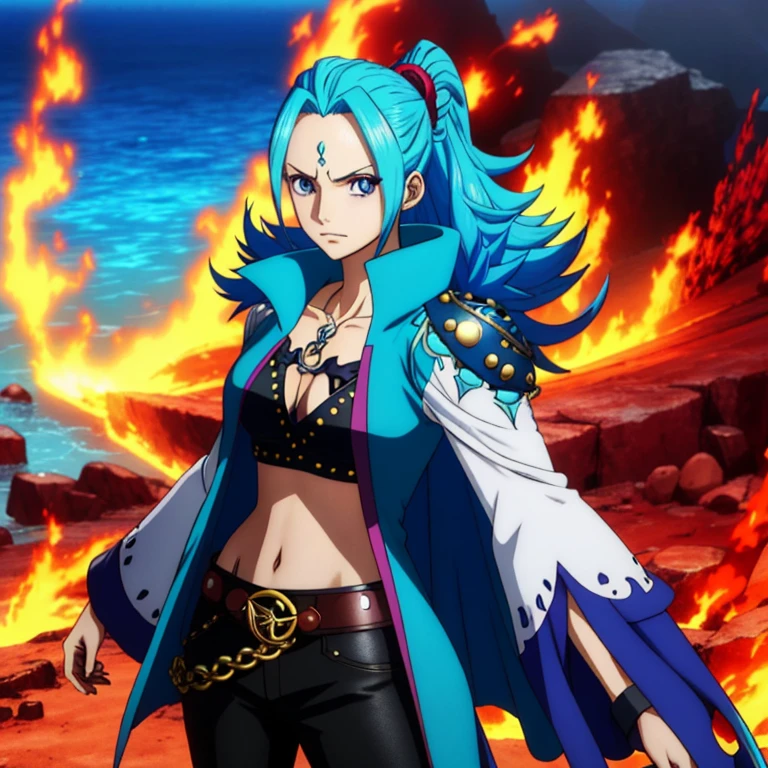 Personnages d'anime avec un triton bleu, une femme aux longs cheveux bleues en feu et aux yeux marrons, manteau rouge, Badass Anime 8K, anime, Focus on key art anime, chave visuel, conceito chave visuel do anime, chave visuel do anime", 2 0 2 1 animated, official visual of the key'anime, chave visuel anime, epic anime style, 2 jours cg |, anime de alta qualidade pirates, beau, pirates, woman