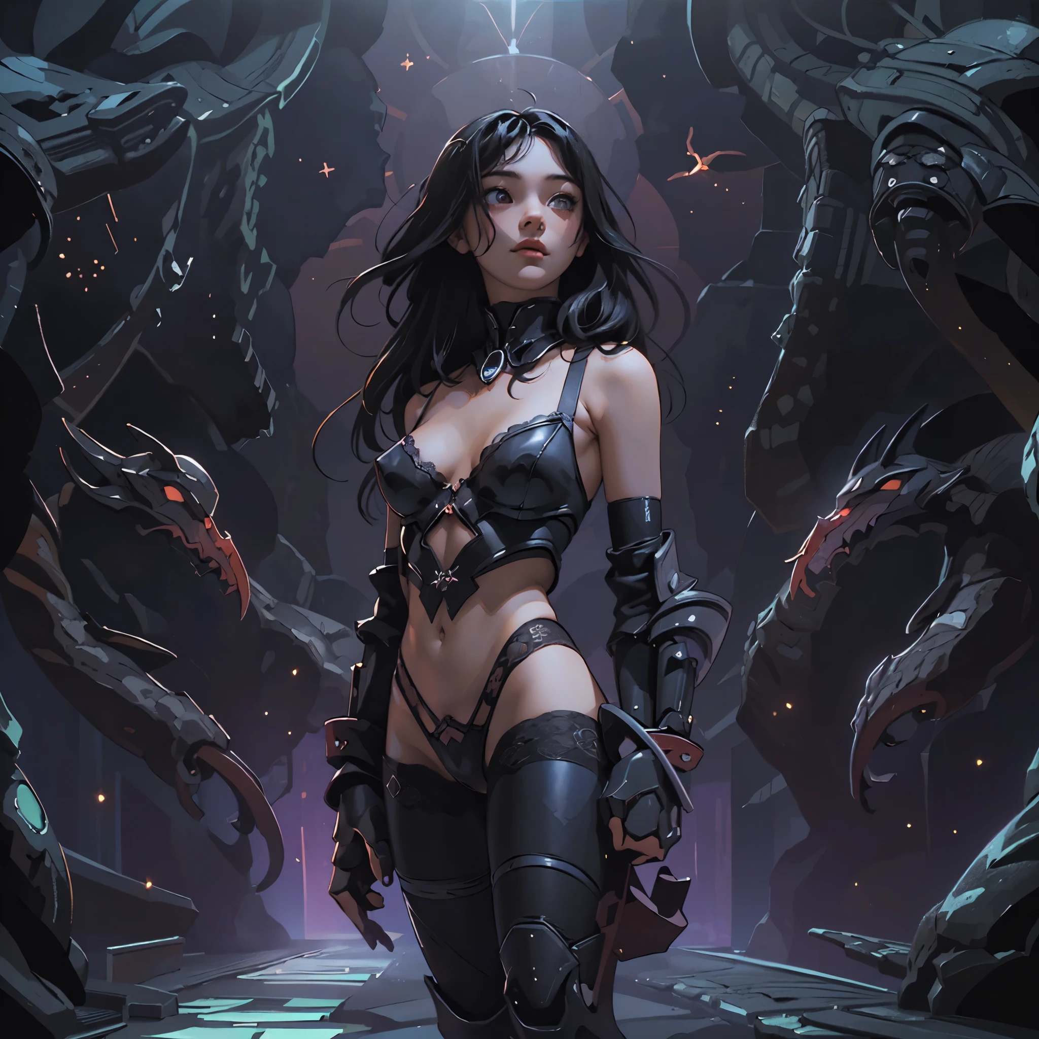 ((Create Odin girl +), (facing the viewer, standing close-up, full height), (smoke, fire), (thin graceful body, facing the viewer), (dynamic pose), (standing with legs wide apart) , (sexy), (delicate scarlet lips), (straight, black long hair), (small thong, short T-shirt, bare shoulders), (narrow hips, beautiful breasts))_((Artistic Stylization), (fantastic film- comic), (soft oil painting, digital painting), (elegant line, clear outline, high-quality drawing, shading))_((Simple color palettes), (color richness, saturation, harmony, balance), (background - dark, cold tones), (fantasy-horror, - cyberpunk, deep space, spaceship))_((Sexy, erotic), (hands in elbow pads, palms wearing tactical gloves), (bare thighs, thongs, bare belly-navel, minimal clothing ), (legs in combat knee pads, thigh-high stockings - sexy), (massive leather lace-up boots), (space design, dramatic scene, combat situation))_((Background, fantastic ship lock, (films; Lucas Arts, R.Sh. Giger "Alien", Giger's monsters, space monsters), (a stunning scene in a spaceship - "Alien" monsters), (warm contrasting light, cold shadows))_ ((Cinematic masterpiece, highest quality), (contrasting shadows, clear, bright light), (warm range of colors, contrasting light with cold shadows))_((Cinematic animation, ), (soft clear shapes, wide strokes, attention to detail), (16K | Ultra HD | Full HD)).