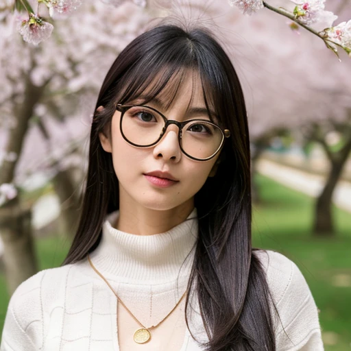 (masterpiece、highest quality、High resolution、8K)、Beautiful 35 year old Japanese woman with glasses、beautiful long black hair、Wear glasses,big breasts,cleavage,Standing under a large cherry tree in full bloom,Fitted sweaters,White turtleneck outfit with holes,A sexy white turtleneck knit sweater with a round hole in the middle of the chest,Perfect fit denim,black short boots