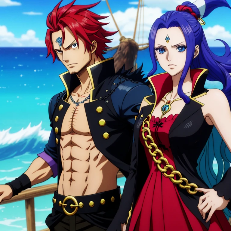 Personnages d&#39;anime avec un triton bleu, une femme aux longs cheveux noirs et aux yeux marrons, manteau rouge, Badass Anime 8K, anime, Focus on key art anime, chave visuel, conceito chave visuel do anime, chave visuel do anime", 2 0 2 1 animated, official visual of the key&#39;anime, chave visuel anime, epic anime style, 2 jours cg |, anime de alta qualidade pirates, beau, pirates, woman
