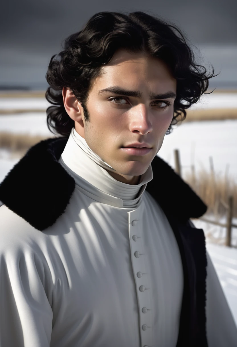 (highly detailed, soft light, photorealistic, dynamic light; cinematic); victorian era; 1820s; 24 years old man; Spanish-British mix; 1820s Anglican priest; incredibly attractive; dark and brooding; masculine yet beautiful; helpless longing stare; confused expression; moody; Adonis-like; intense; sensual; amorous air; very attractive; lean figure; stubble; hazel-green eyes; thick strong dark-brown eyebrows; long full sideburns; 1820s black priest cassock, white collar; short tousled dark-brown wavy hair; full luscious moist lips, parted; mouth slightly open; standing in Manitoba 1820's settlement during winter; looking at camera