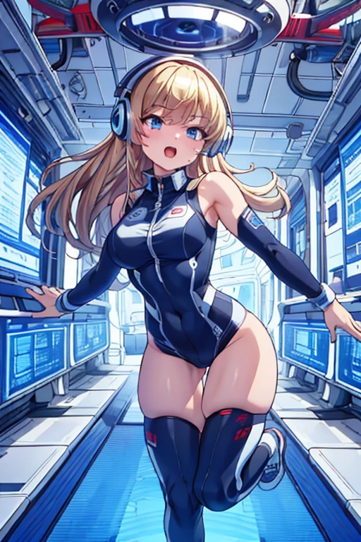 top-quality,Top image quality,in 8K,4K,masterpiece,ultra-detailliert,Beautiful,ultra-quality, best quality,high resolution, ultra-detailed,game cg,dutch angle,(acrobatic pose):5,jumping:5,(inside spacestation,)beautiful detailed eyes,five fingers,headphone,nsfw,a beauty girl,(astrovest):5,(track uniforms),wet,(steam:1.5),Running form,open open mouth,(blonde hair),(long hair):2,Navel,space_station_interior, exercise_room, futuristic, high_technology, zero_gravity_exercise_equipment, high_resolution_landscape, sleek_design, minimalistic, 8K_resolution, game_cg_style, Dutch_angle, detailed_character, track_uniform, perfect_running_form, intense_expression, detailed_eyes, determination, steam:1.5, beauty, strength, five_fingers, visible_navel, open_mouth, ultra_quality, high_resolution, ultra_detailed,astrovest