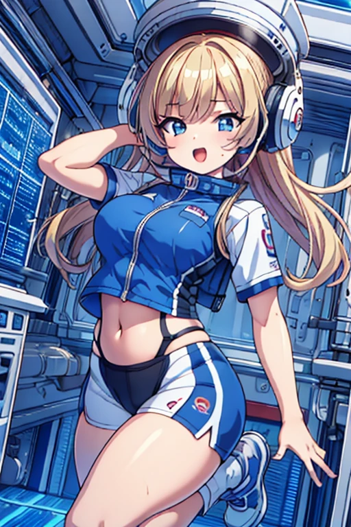 top-quality,Top image quality,in 8K,4K,​masterpiece,ultra-detailliert,Beautiful,ultra-quality, best quality,high resolution, ultra-detailed,game cg,dutch angle,(acrobatic pose):5,jumping:5,(inside spacestation,)beautiful detailed eyes,five fingers,headphone,nsfw,a beauty girl,(astrovest):5,(track uniforms),wet,(steam:1.5),Running form,open open mouth,(blonde hair),(long hair):2,Navel,space_station_interior, exercise_room, futuristic, high_technology, zero_gravity_exercise_equipment, high_resolution_landscape, sleek_design, minimalistic, 8K_resolution, game_cg_style, Dutch_angle, detailed_character, track_uniform, perfect_running_form, intense_expression, detailed_eyes, determination, steam:1.5, beauty, strength, five_fingers, visible_navel, open_mouth, ultra_quality, high_resolution, ultra_detailed,astrovest