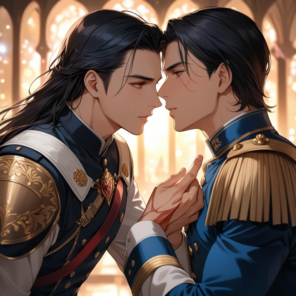 ((1man)), a handsome man in a castle, handsome face, body is broken with scars, kissing a ladies hand, 8K, (dynamic perspective), sharp focus, (depth of field, bokeh:1.3), extremely detailed eyes and face, beautiful detailed eyes, cinematic lighting, transparent iridescent eyes, fantasy military uniform, long hair, black hair, ((masterpiece, best quality)), from above, muscular