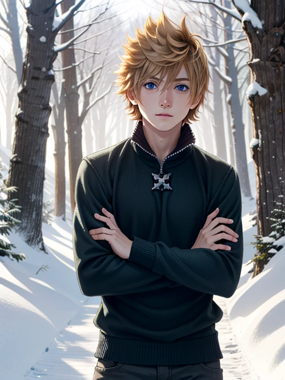 ((ultra detallado, obra maestra, absurdos))
 KHRoxas, 1 chico, solo, Pelo rubio, blue eyes, pelo de punta, ski lodge, ambiente invernal, standing with snow covered trees, cozy sweater, warm charm