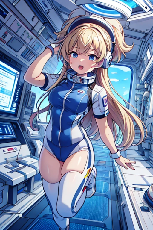 top-quality,Top image quality,in 8K,4K,masterpiece,ultra-detailliert,Beautiful,ultra-quality, best quality,high resolution, ultra-detailed,game cg,dutch angle,(acrobatic pose):5,jumping:5,(inside spacestation,)beautiful detailed eyes,five fingers,headphone,nsfw,a beauty girl,(astrovest):5,(track uniforms),wet,(steam:1.5),Running form,open open mouth,(blonde hair),(long hair):2,Navel,space_station_interior, exercise_room, futuristic, high_technology, zero_gravity_exercise_equipment, high_resolution_landscape, sleek_design, minimalistic, 8K_resolution, game_cg_style, Dutch_angle, detailed_character, track_uniform, perfect_running_form, intense_expression, detailed_eyes, determination, steam:1.5, beauty, strength, five_fingers, visible_navel, open_mouth, ultra_quality, high_resolution, ultra_detailed,astrovest