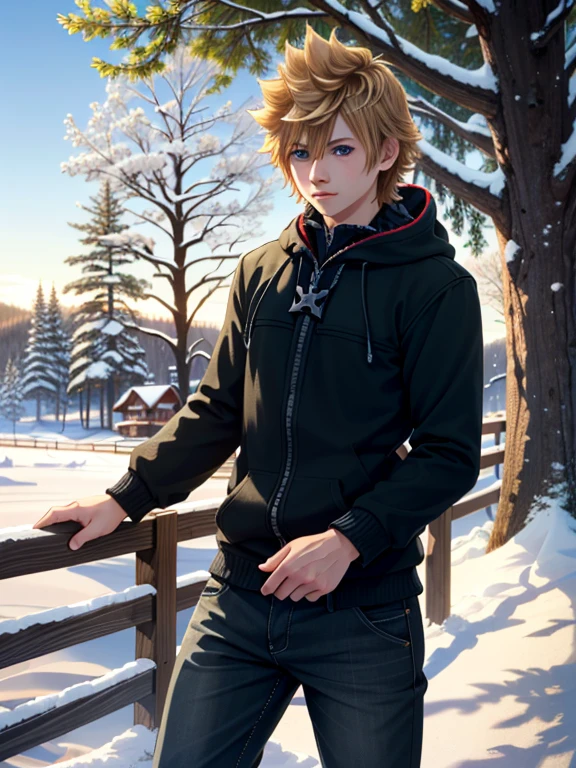 ((ultra detallado, obra maestra, absurdos))
 KHRoxas, 1 chico, solo, Pelo rubio, blue eyes, pelo de punta, ski lodge, ambiente invernal, standing with snow covered trees, cozy sweater, warm charm