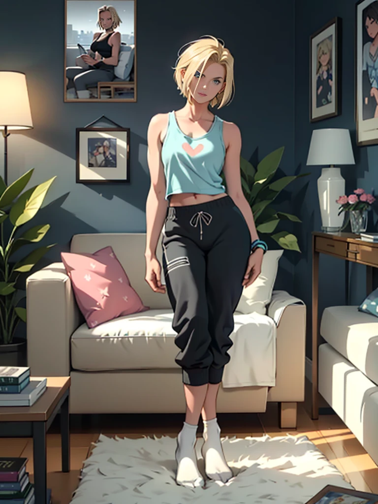 best quality, 1woman, solo, hot, adult,android 18, blonde hair, blue eyes, short hair, piercing eyes, perfect body, 25 years old, sexy, alluring, sitting, sofa, playful, sofa, living room, cozy, cheerful, posters, pillows, blankets, lava lamp, desk, chair, cozy atmosphere, bright colors, soft pastels, flowers, plants, books, novels, plushies, figurines, posters, pictures, posters, wall scrolls, stickers, decorations, bed, blankets, pillows, warm blankets, comfortable clothes, casual attire, leisure wear, sweatshirt, sweatpants, shorts, t-shirt, tank top, socks, curvy legs