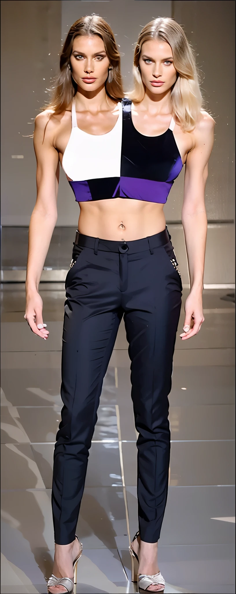 2heads, two headed woman, tall, fashion model, on fashion show runway, modeling a trendy bikini, European, fancy hair and makeup, heels,