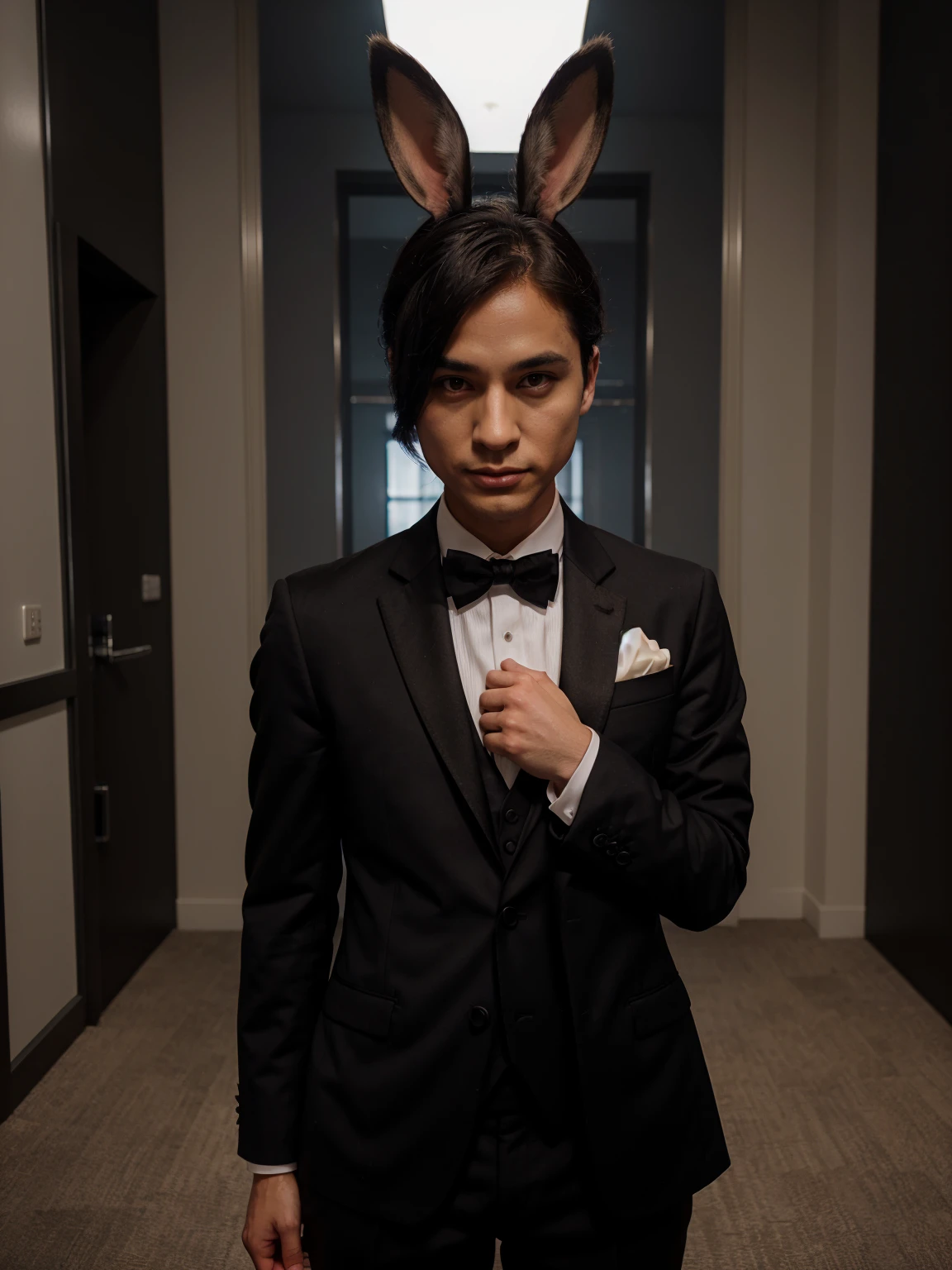 Rabbit in tuxedo, ears, black suit, all body, legs, By mystikfox61