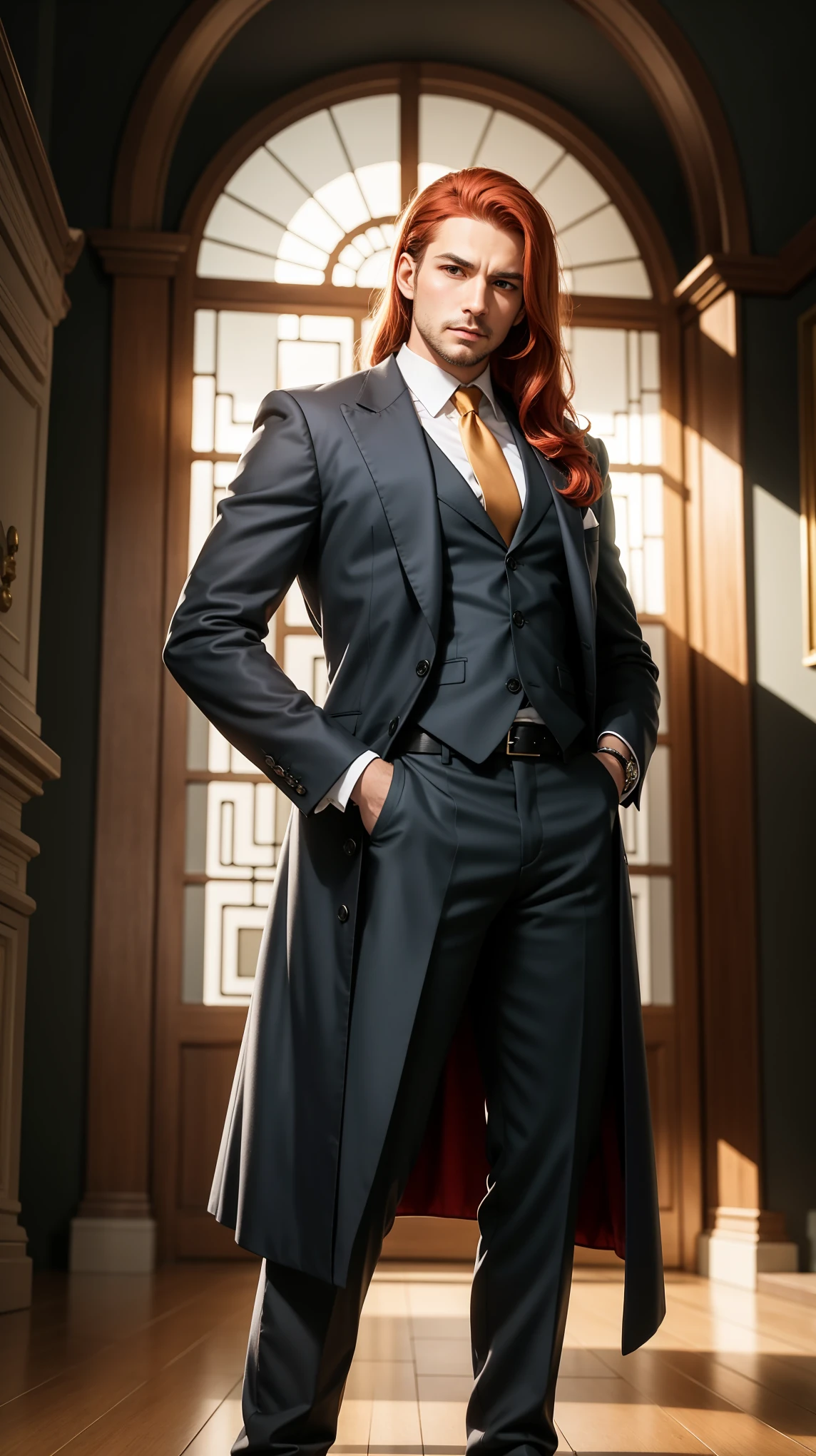A 40-year-old man with long red hair neatly combed back, he has thin eyebrows, shrewd and intelligent eyes, an elongated and thin face, he is dressed in a dark fitted Western-style suit, a long coat on top, a belt wraps around his waist, he wears loose trousers, stands in a luxurious Chinese-style hall, showing a dignified expression Faces radiating a powerful aura, radiating a radiant fighting spirit. drawing of the whole body of the character, high definition, the best quality, high resolution, extremely delicate, professional, anatomically correct, symmetrical face, extremely detailed eyes and the face itself, high eye quality