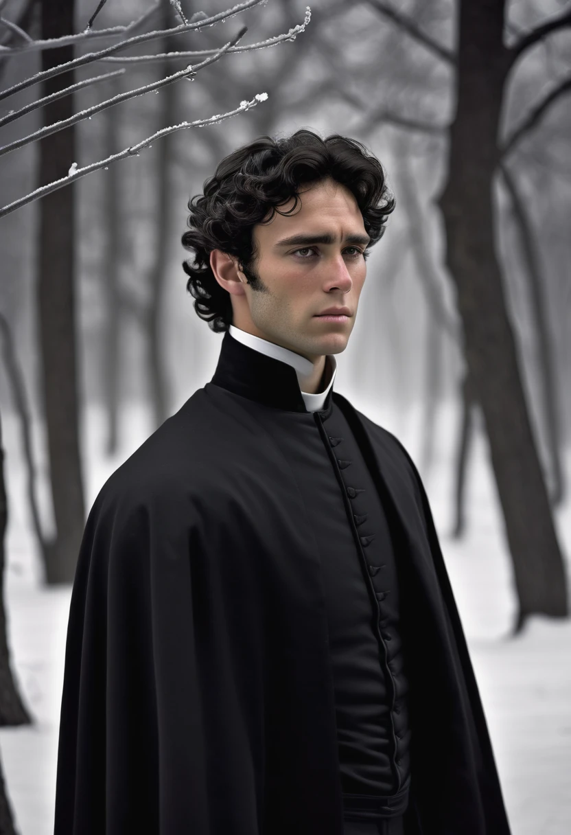 (highly detailed, soft light, photorealistic, dynamic light; cinematic); victorian era; 1820s; 24 years old man; Spanish-British mix; 1820s Anglican priest; incredibly attractive; dark and brooding; masculine yet beautiful; helpless longing stare; confused expression; moody; Adonis-like; intense; sensual; amorous air; very attractive; lean figure; stubble; hazel-green eyes; thick strong dark-brown eyebrows; long full sideburns; 1820s black priest cassock, white collar; short tousled dark-brown wavy hair; full luscious moist lips, parted; mouth slightly open; standing in Manitoba 1820's settlement during winter; looking at camera
