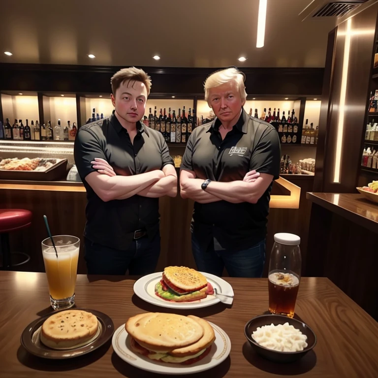 Elon musk com uma frigideira de ovos, sentado com Donald Trump na mesa do bar do Brasil.