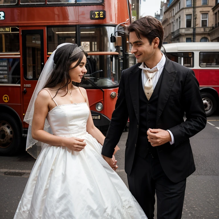 Create an image of a couple who have just met, with the woman wearing a veil on her head and a 19th century bus in the background.
