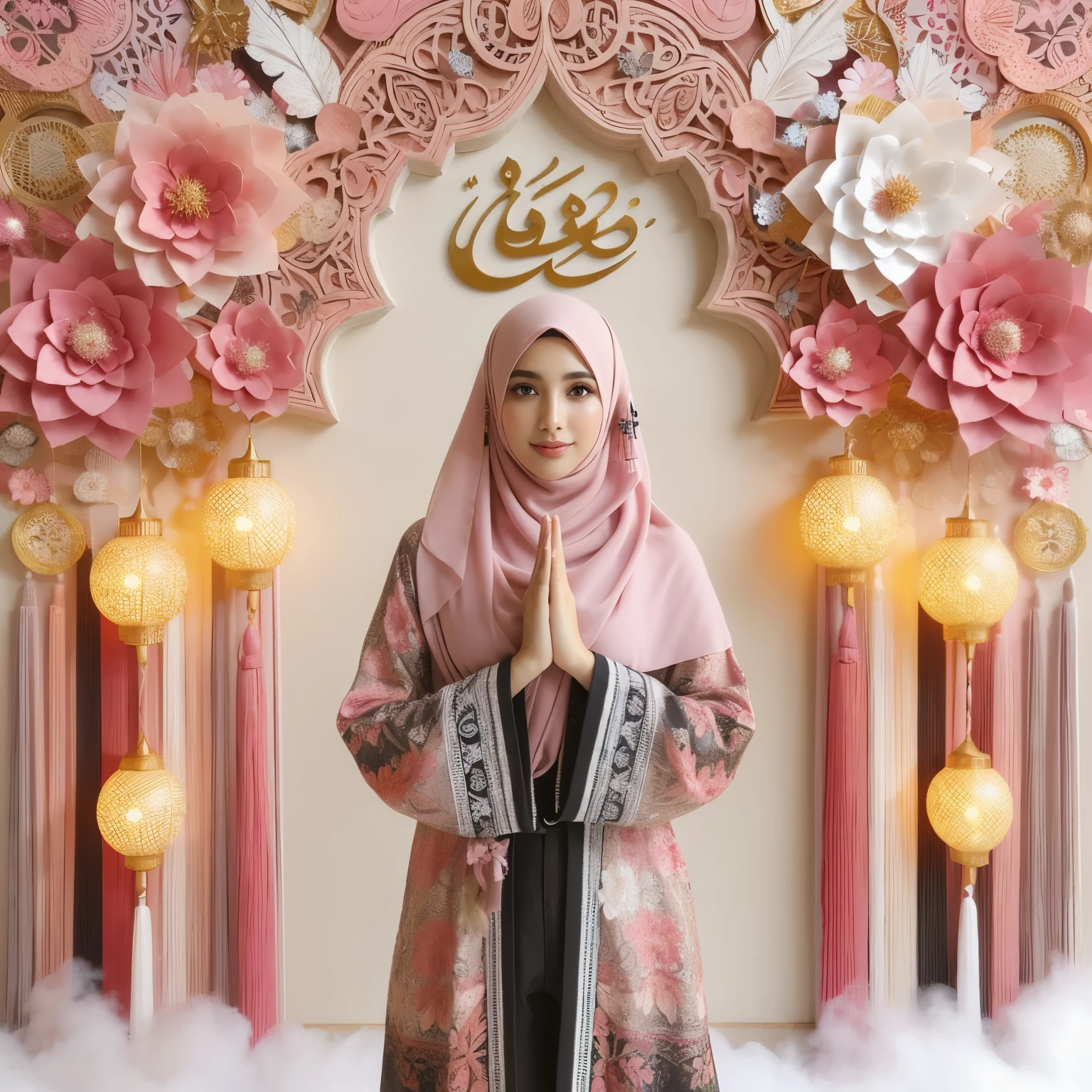 muslim woman in pink hijab standing in front of a floral archway, siya oum, ameera al taweel, hijab, iray, inspired by Naza, arab ameera al taweel, muslim, inspired by Nazmi Ziya Güran, pale pink and gold kimono, pastel pink, background is heavenly, inspired by Fathi Hassan, backdrop