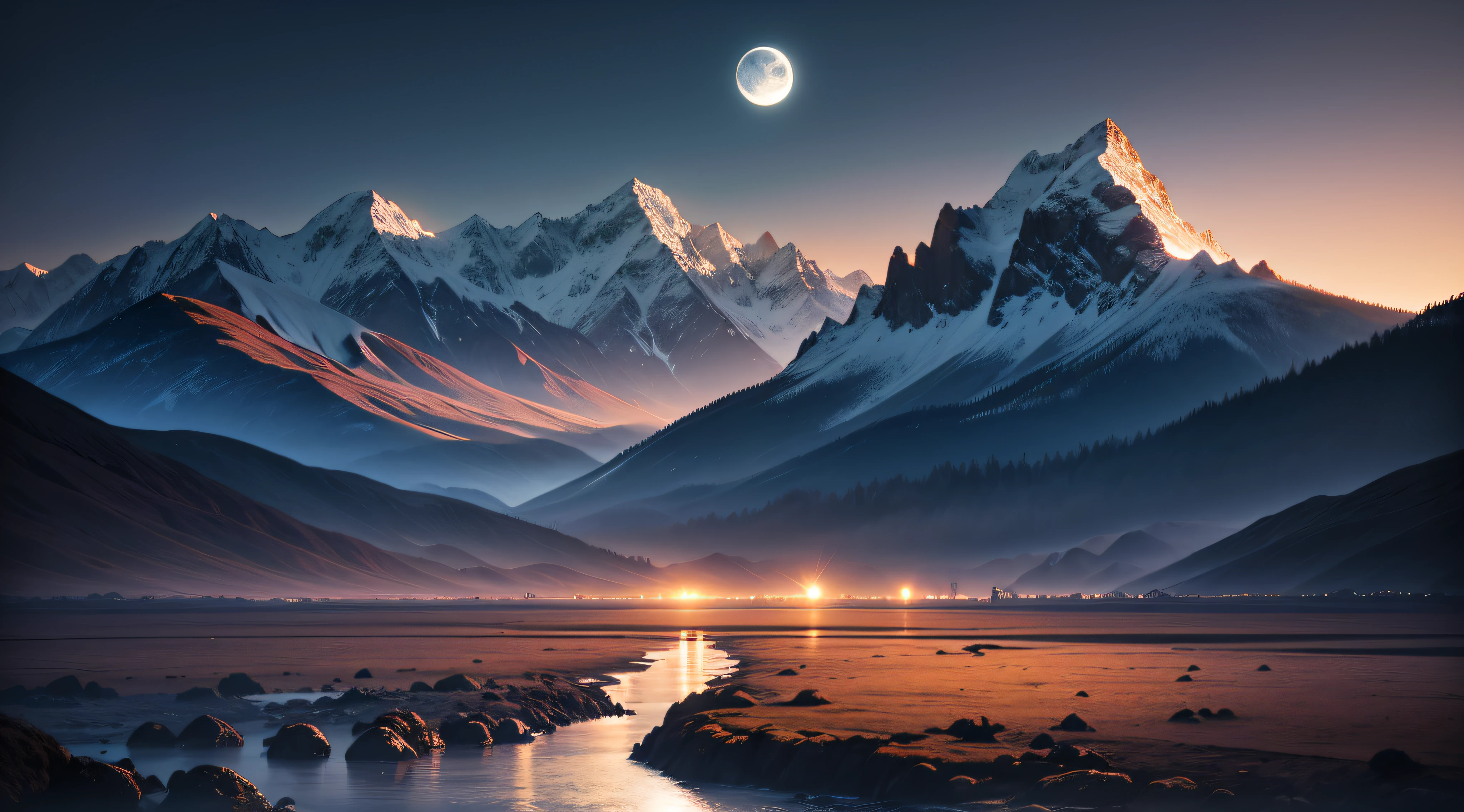 (paisaje resplandeciente,luz de la luna,distant mountains,tranquilo,oscuro,alta calidad,realista,claro,High Definition,8K)